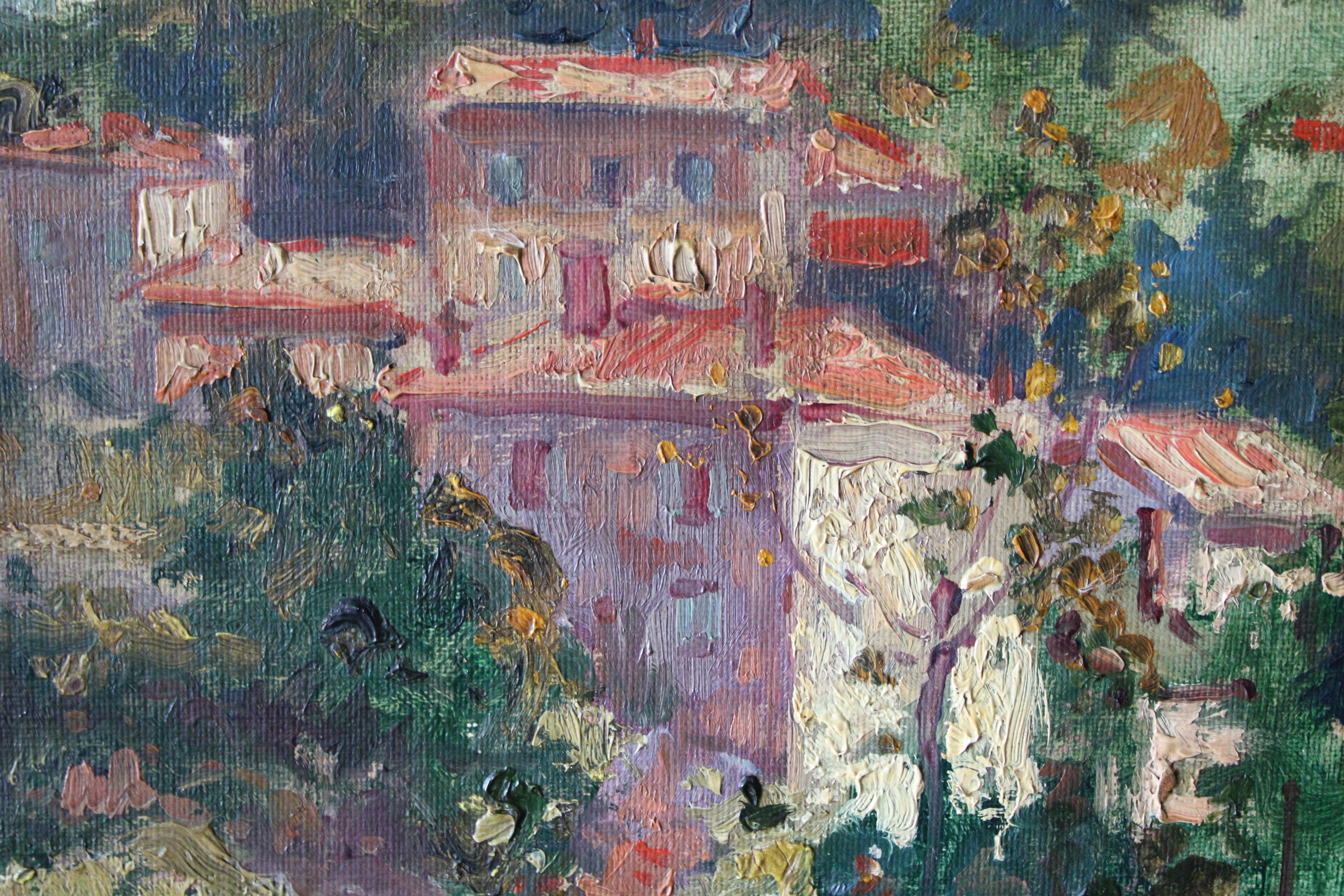 Antique impressionist landscape oil painting of houses on a hillside 2