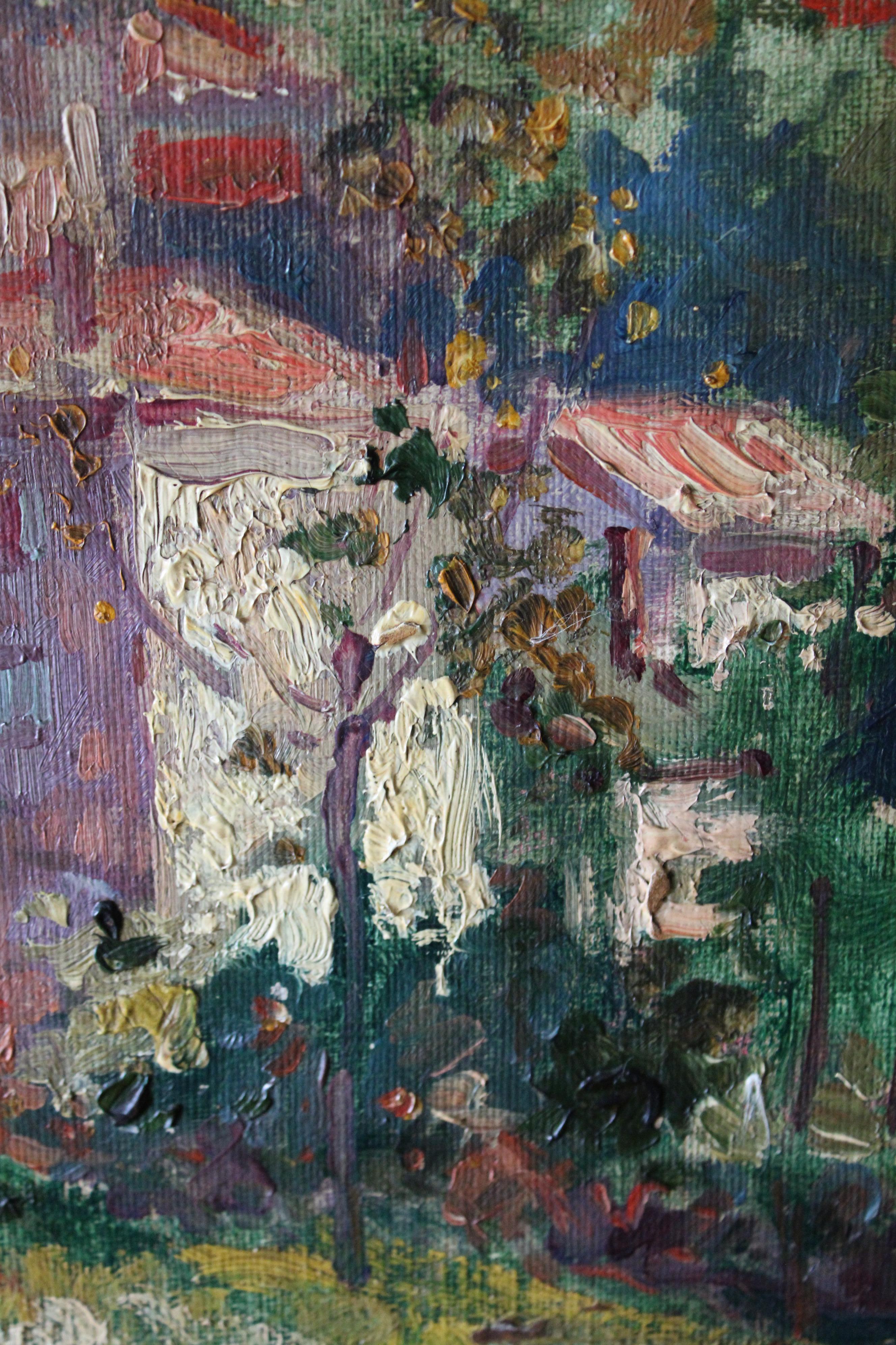 Antique impressionist landscape oil painting of houses on a hillside 3