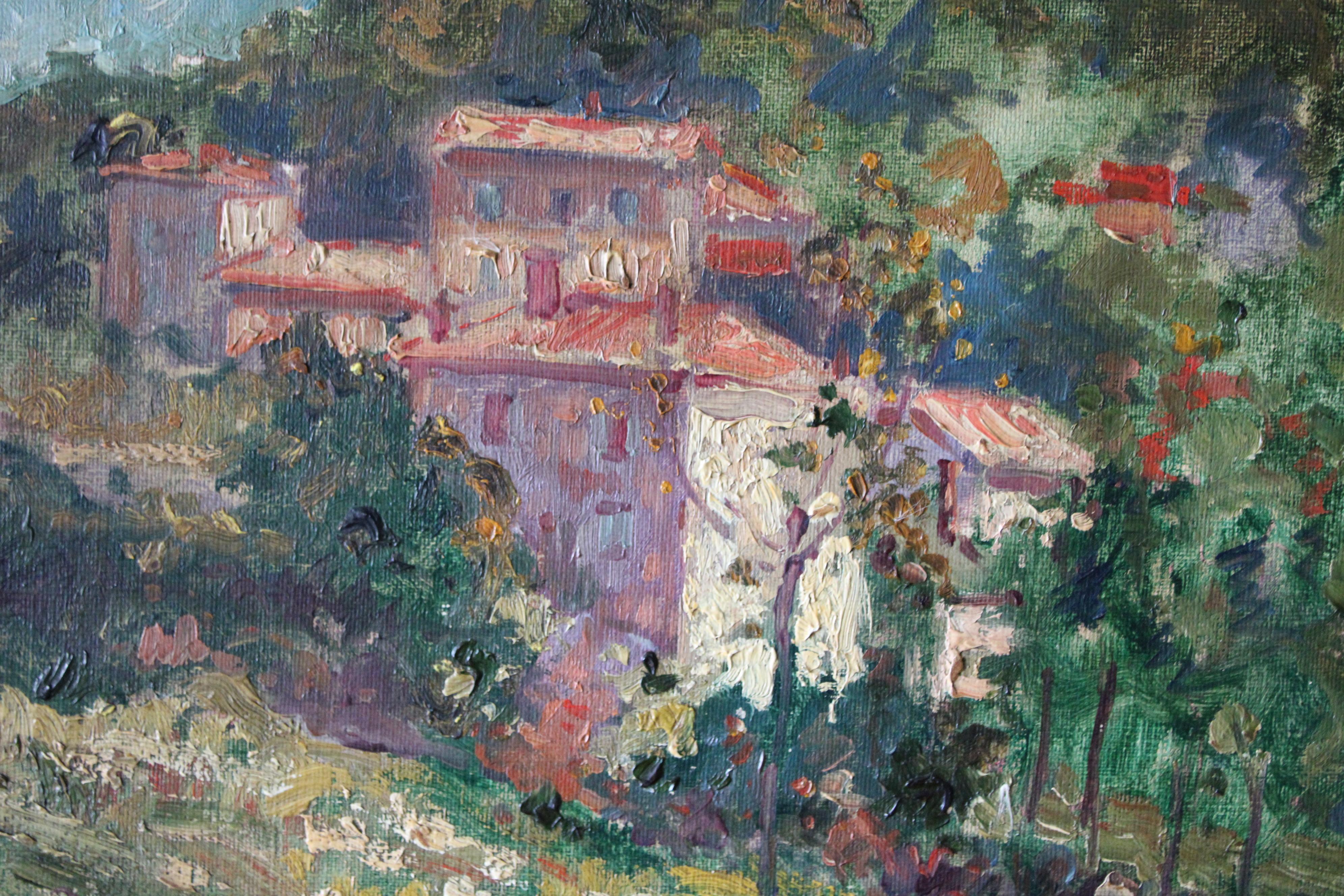 Antique impressionist landscape oil painting of houses on a hillside 5
