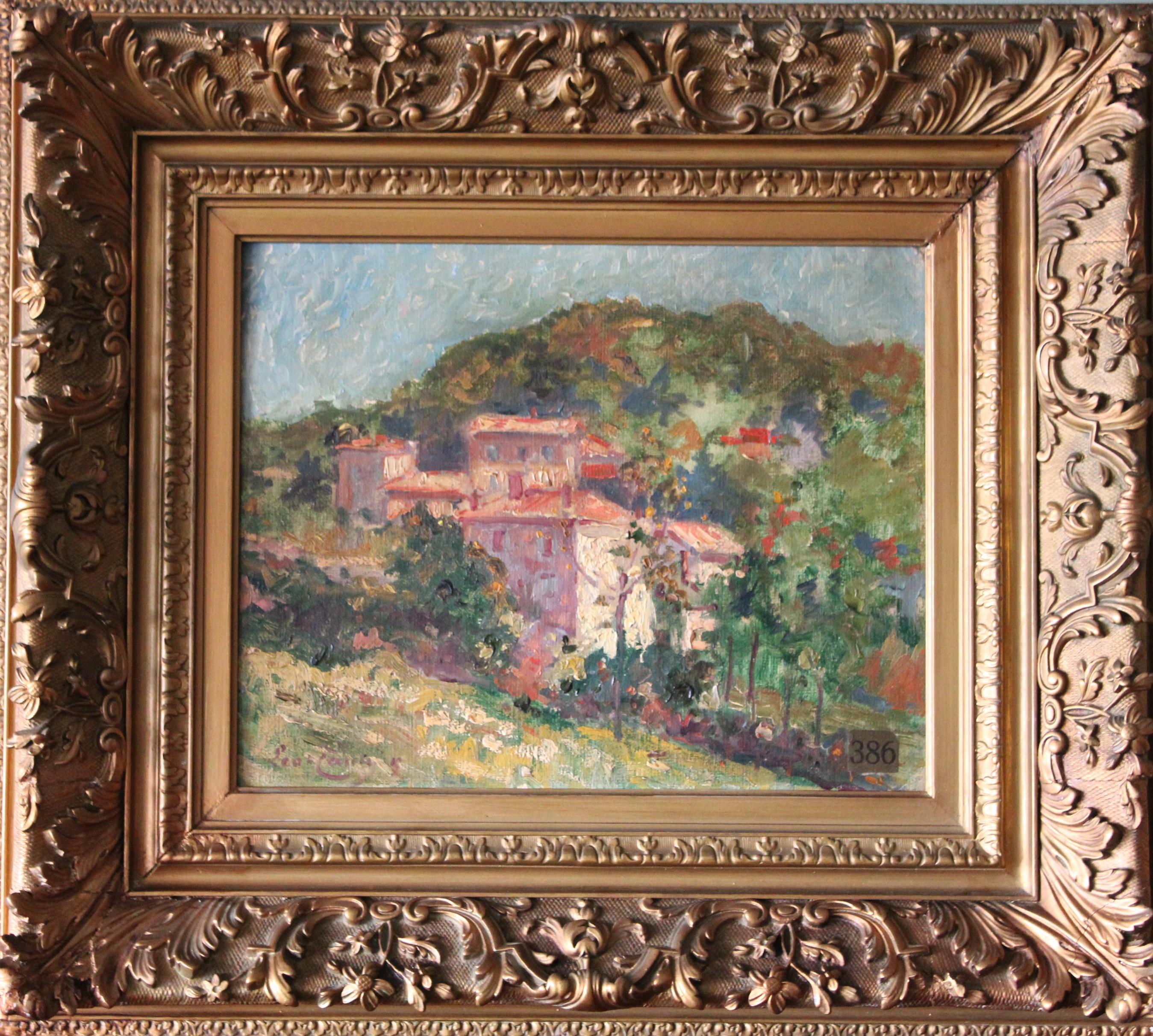 Unknown Landscape Painting - Antique impressionist landscape oil painting of houses on a hillside