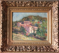 Antique impressionist landscape oil painting of houses on a hillside