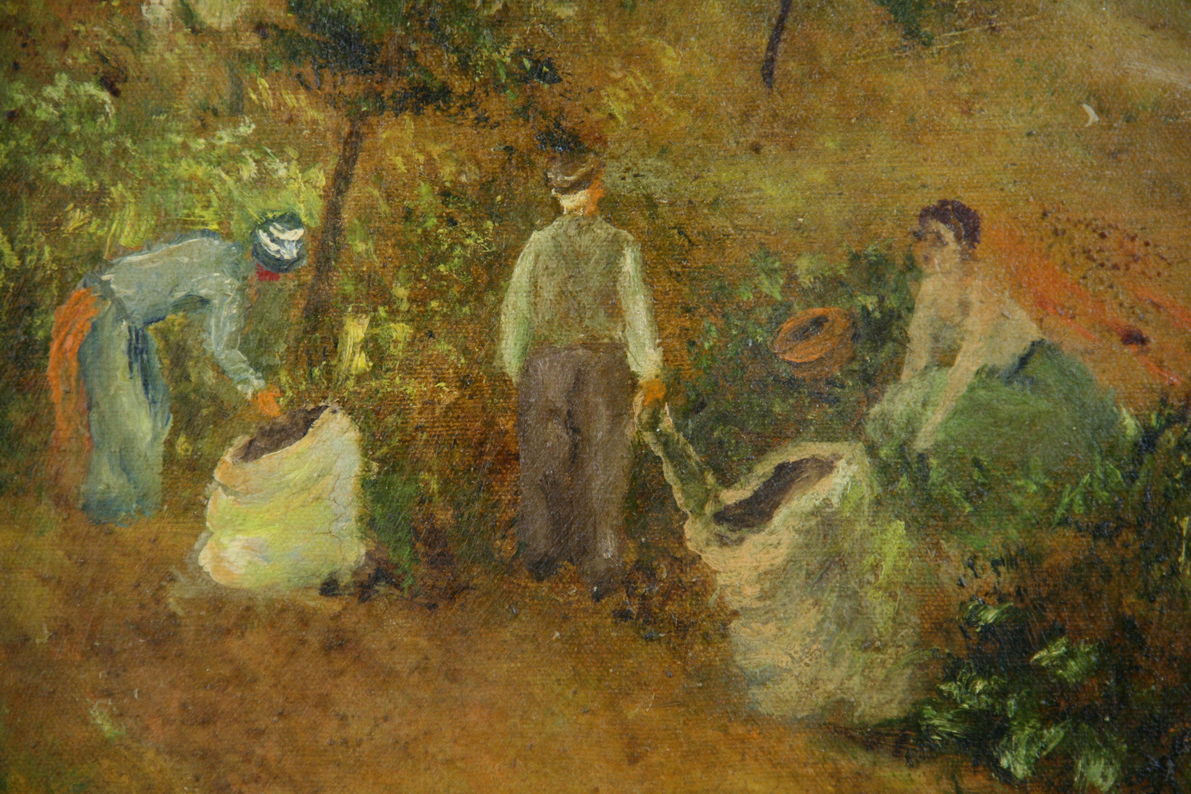 3910B  Paisaje antiguo al óleo personas trabajando en un campo de beau colic .
Enmarcado en un marco dorado del siglo XIX
Tamaño de la imagen 16x20