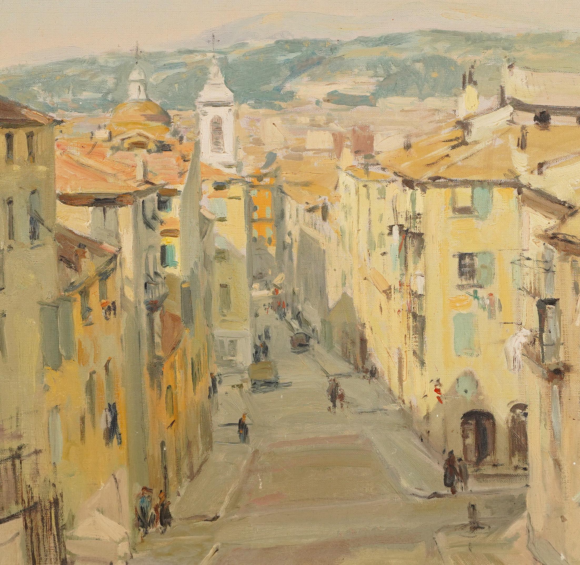 Vintage impressionist painting of Nice, France.  Oil canvas.  Nicely framed.  Image size, 24L x 20H.  Signed.
