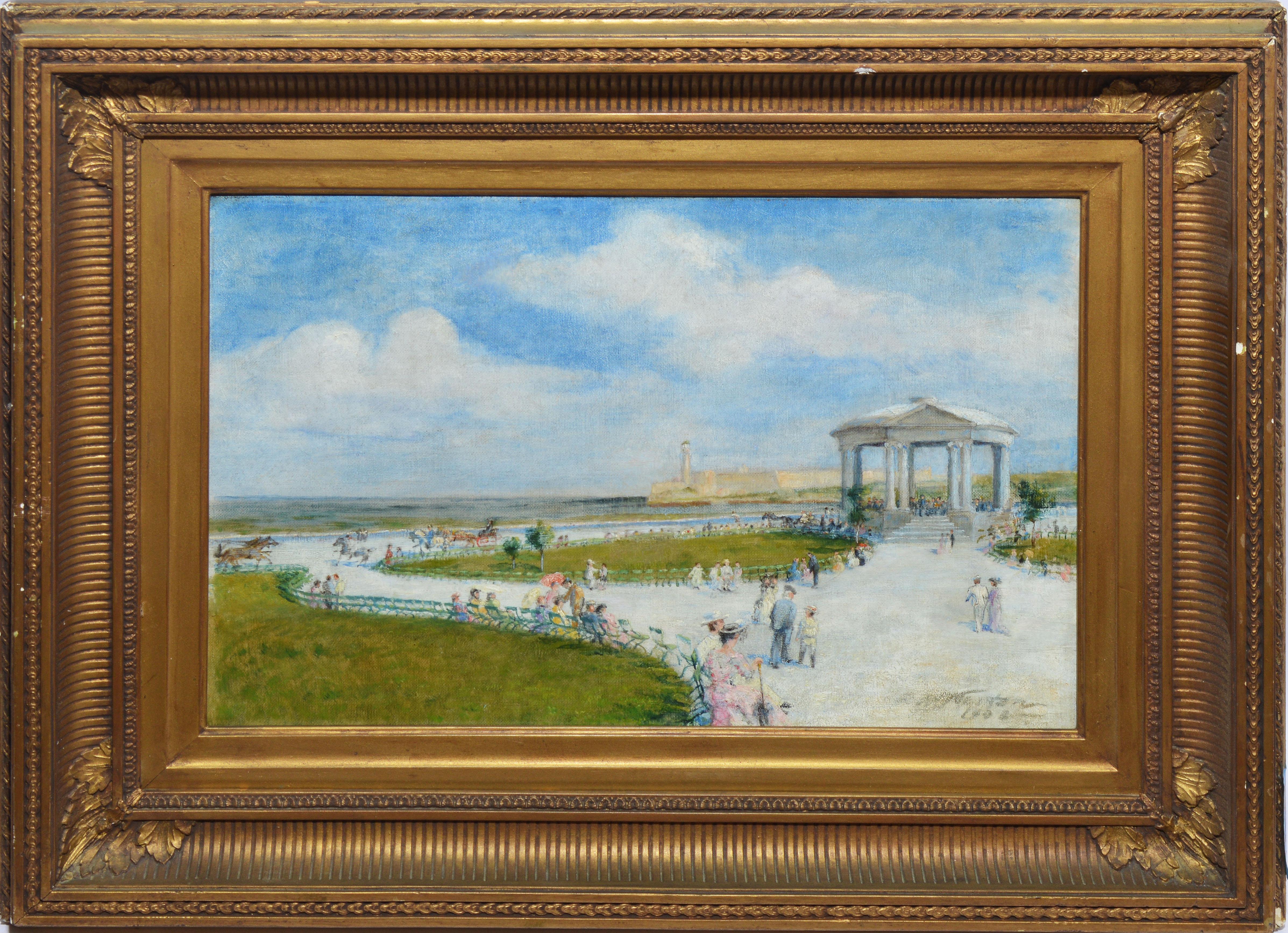 Landscape Painting di Unknown - Antico dipinto a olio impressionista di Cuba Los Castillo De Tres Reyes Del Morro