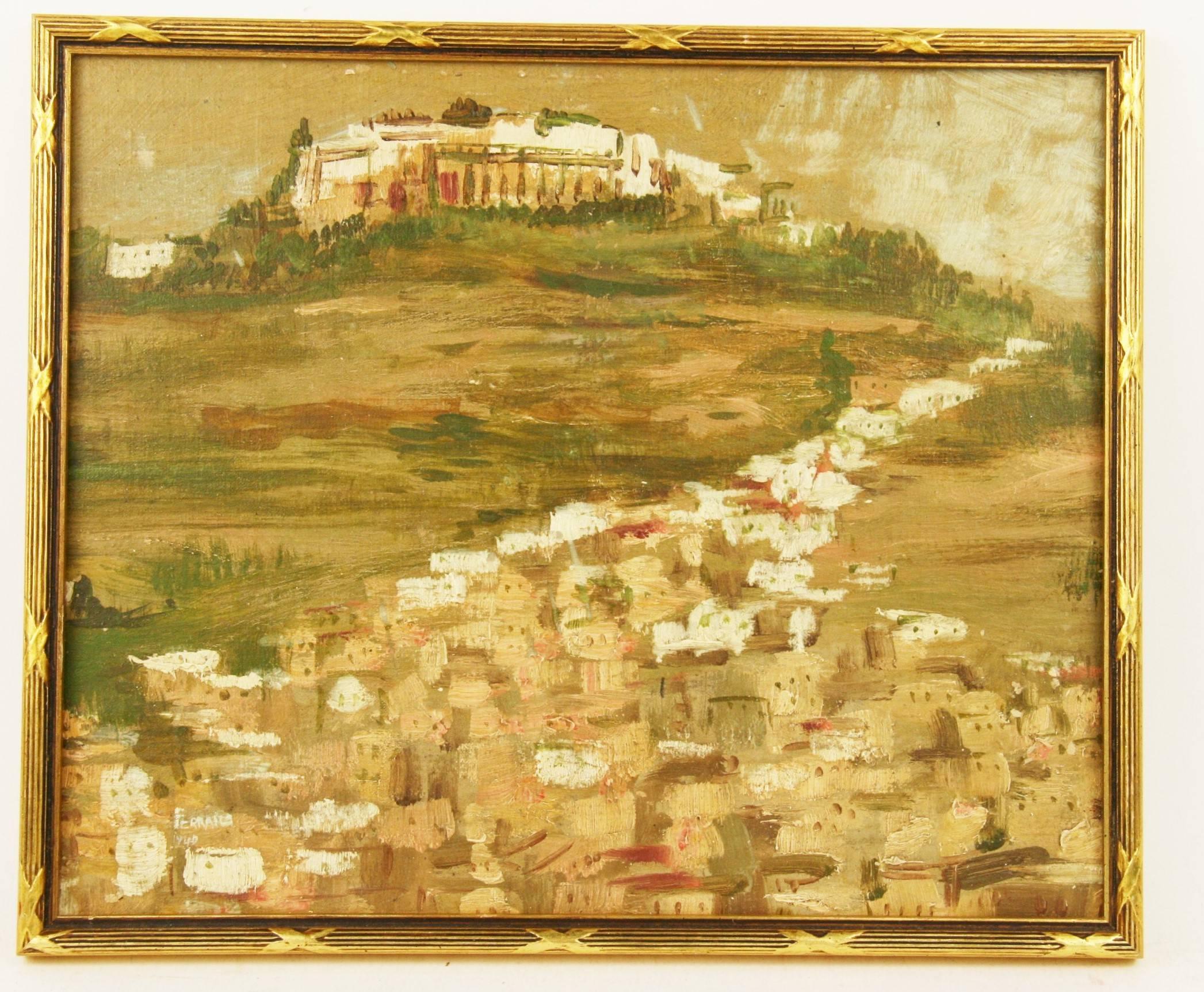 Antique Impressionist Oil Painting  San Martino Hills Naples Italy  1940's - Brown Landscape Painting by Unknown