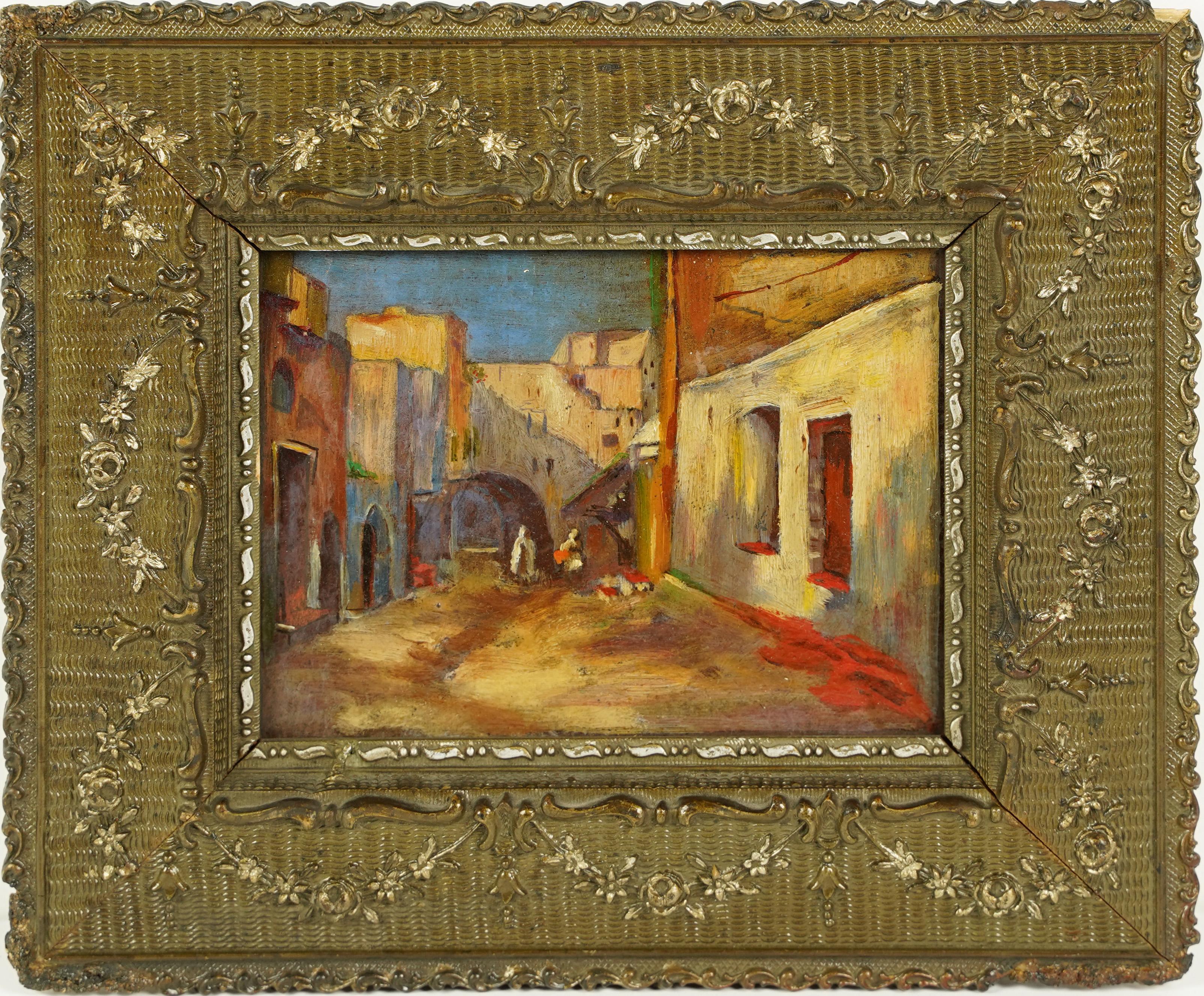 Antique American impressionist cityscape oil painting.  Oil on board.  No signature found.  Framed.  Image size, 7L x 5H.