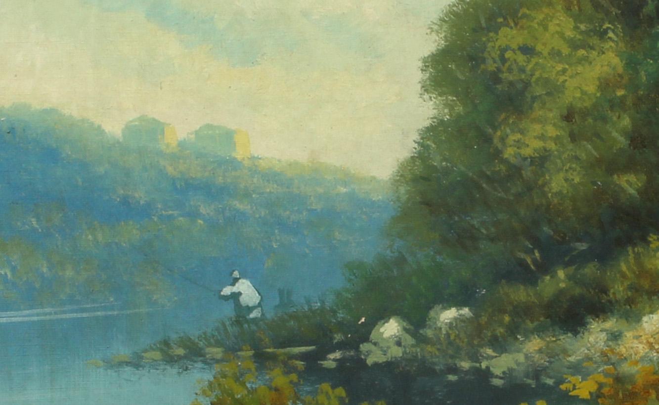 An antique oil painting in its original frame, likely created right before the turn of the century.  

This painting depicts a beautiful lake landscape with a lone fisherman on the shore.  

This painting is signed illegibly lower right what appears