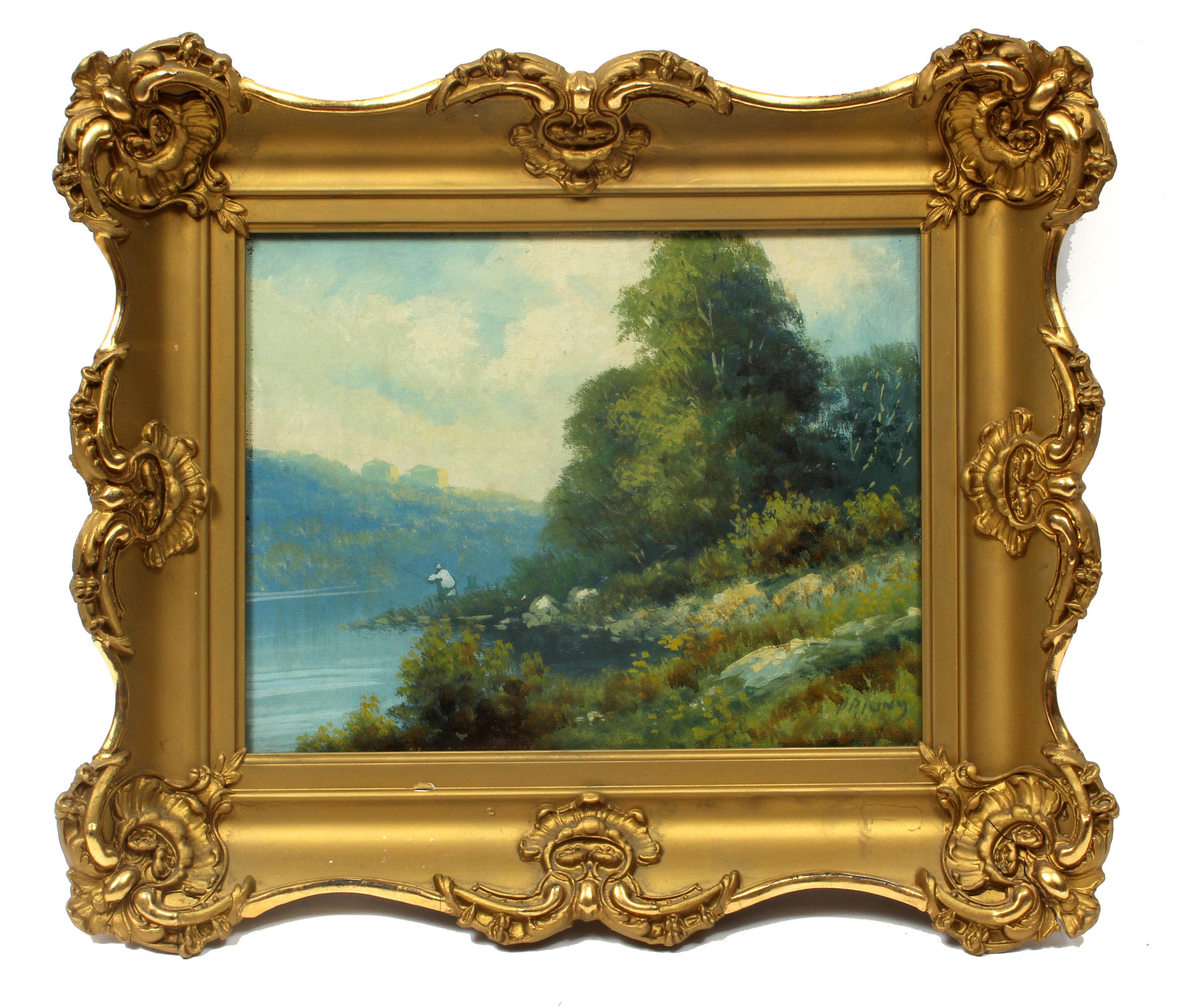 Unknown Landscape Painting - Antique Impressionist Painting Fisherman Blue Green Original Ornate Frame 1900