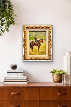 Antique Impressionist Painting of a Cowboy in a landscape - Horse Farm Ca. 1940s