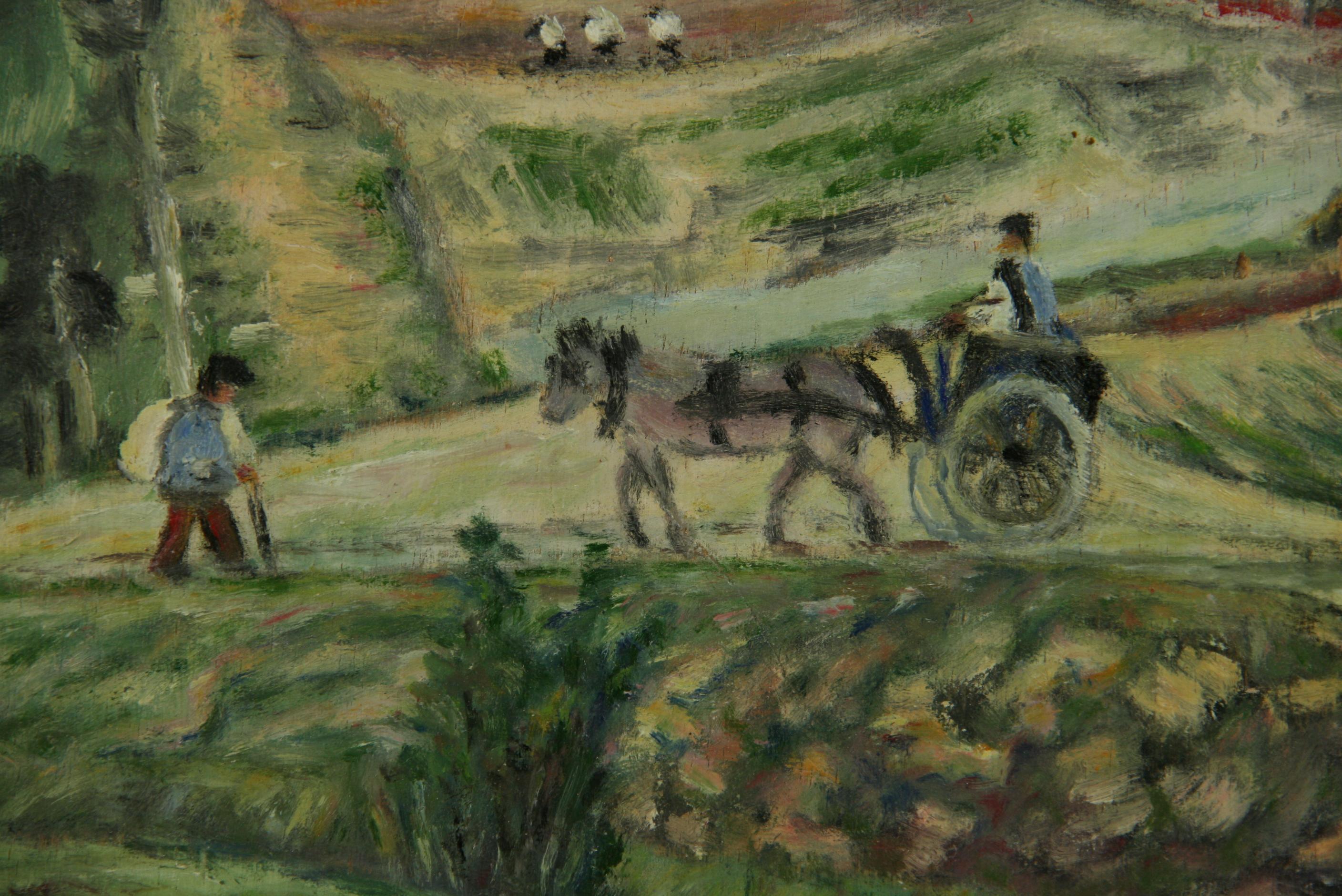 5-3624 Huile sur panneau d'un paysage français datant de 1920 environ et représentant des ouvriers en train de faire la récolte.
Dans un cadre en bois