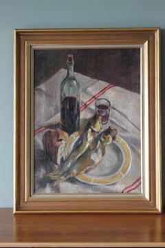 Antique impressionist still life painting of Herrings, wine and lemon