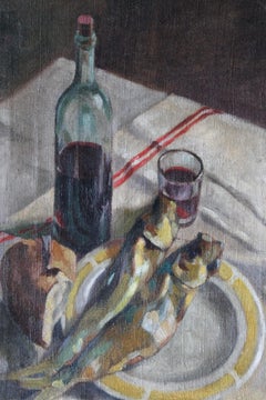 Antique impressionist still life painting of Herrings, wine and lemon