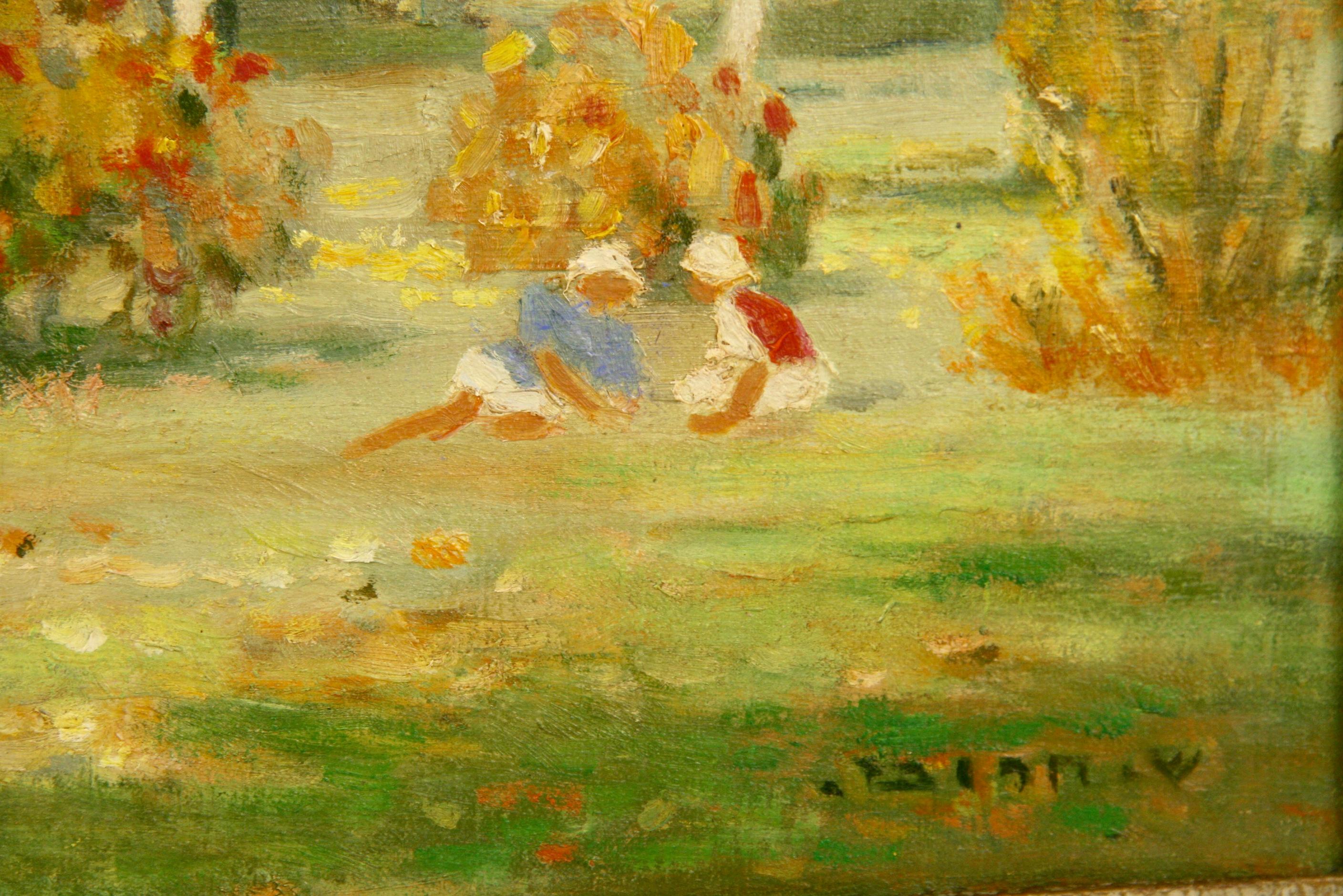 Antique Impressionistic Landscape Oil Painting  with Children Circa 1940's For Sale 1