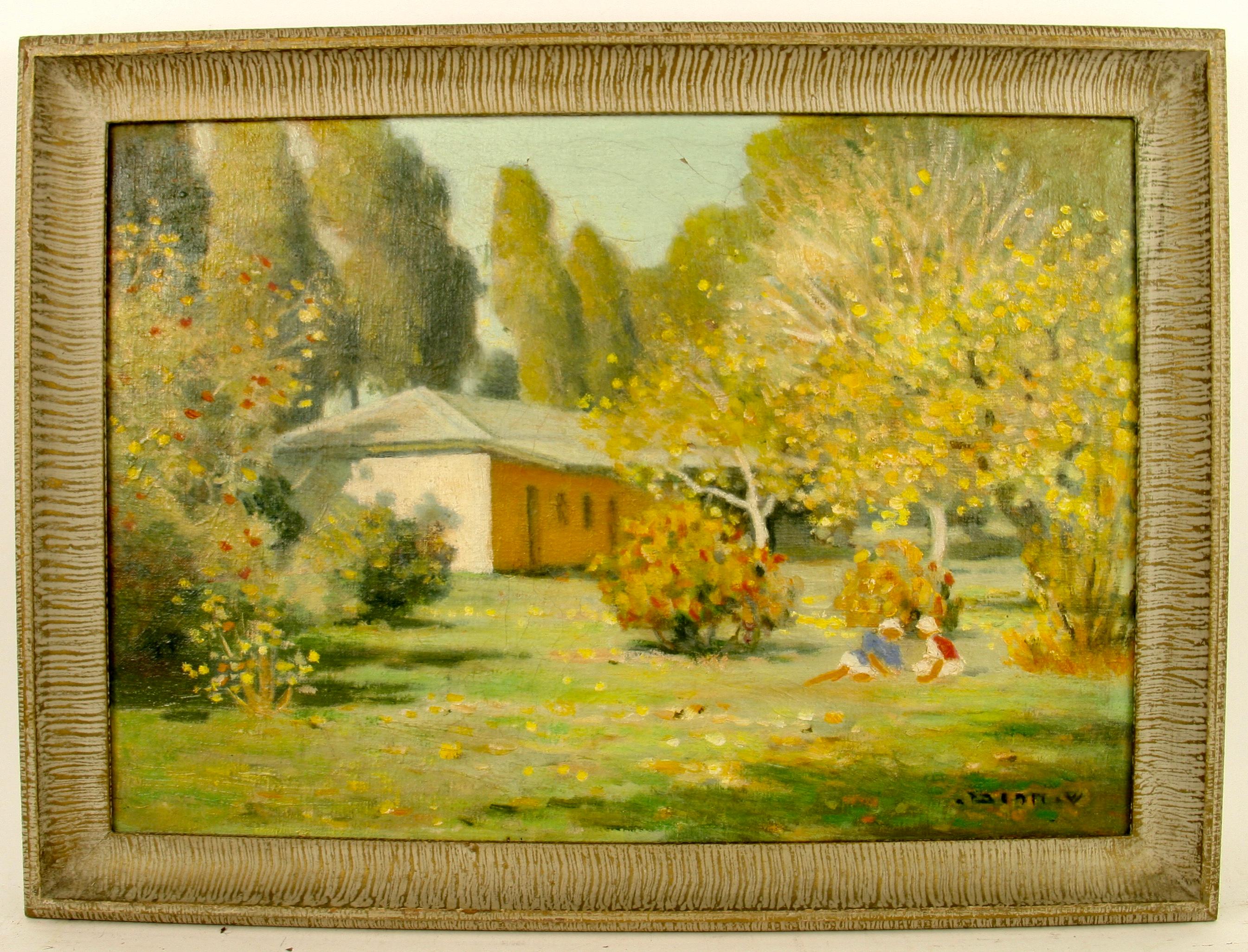 Antique Impressionistic Landscape Oil Painting  with Children Circa 1940's For Sale 3