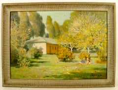 Antique Impressionistic Landscape Oil Painting  with Children Circa 1940's
