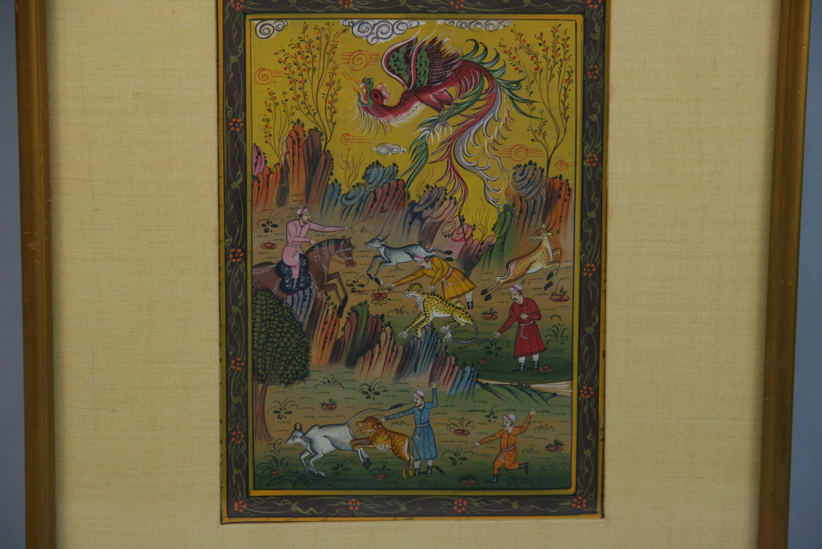 Ancienne scène de chasse indienne miniature à la gouache - Paysage animalier à la chasse - Painting de Unknown