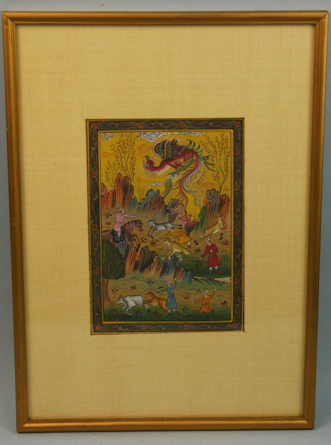 Ancienne scène de chasse indienne miniature à la gouache - Paysage animalier à la chasse - Marron Animal Painting par Unknown