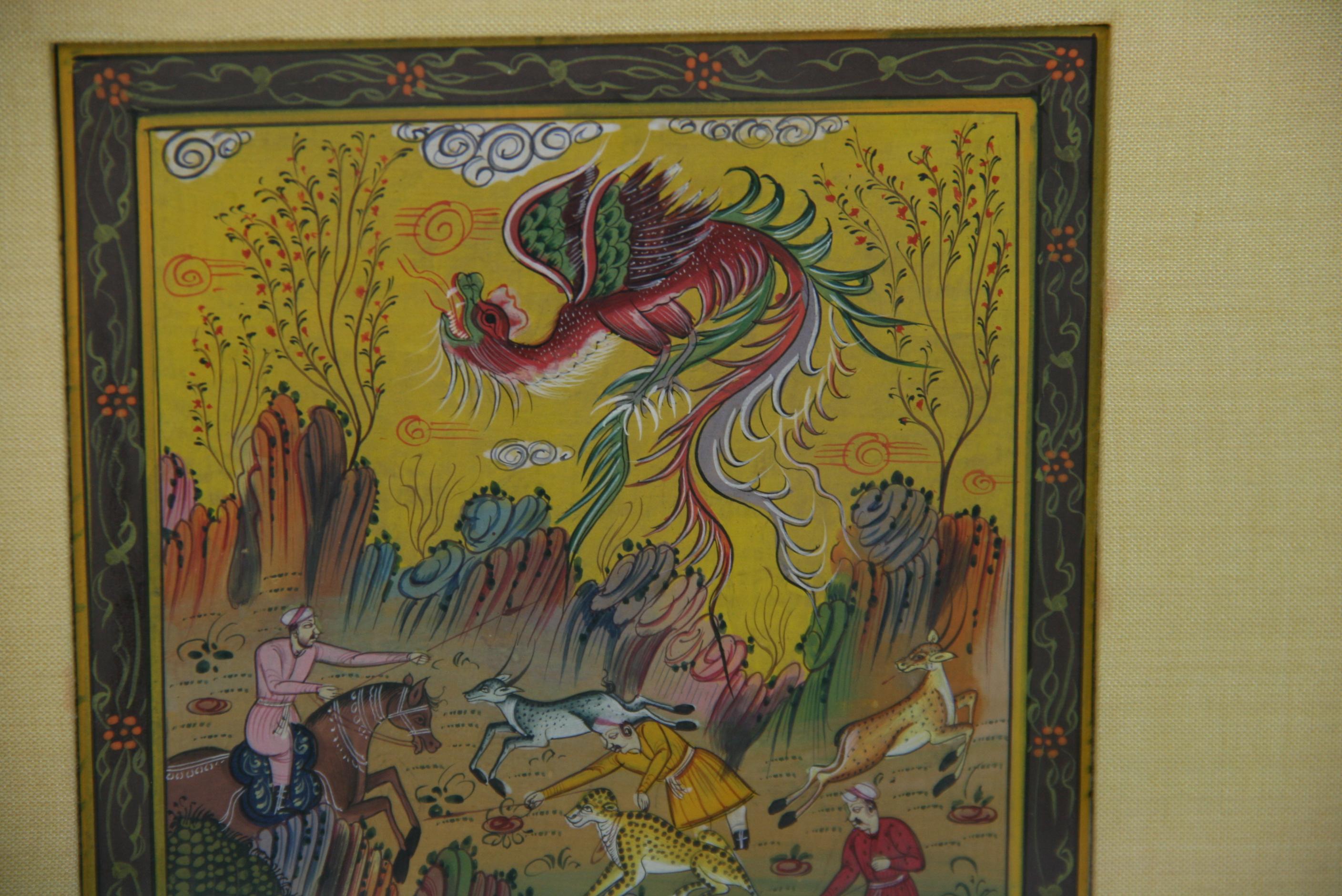 Ancienne scène de chasse indienne miniature à la gouache - Paysage animalier à la chasse 1