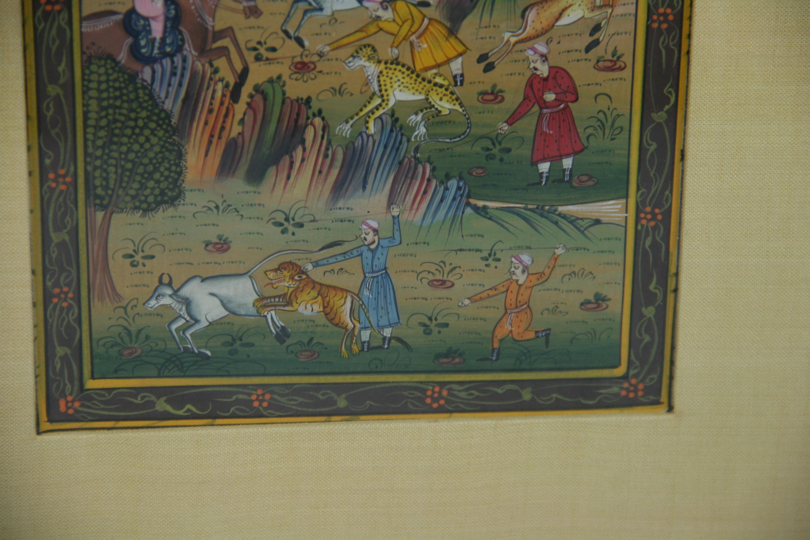 Ancienne scène de chasse indienne miniature à la gouache - Paysage animalier à la chasse 2