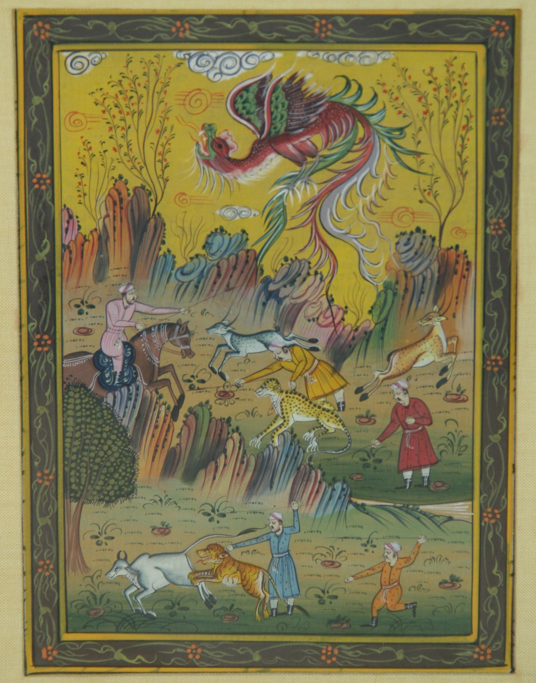 Ancienne scène de chasse indienne miniature à la gouache - Paysage animalier à la chasse 3