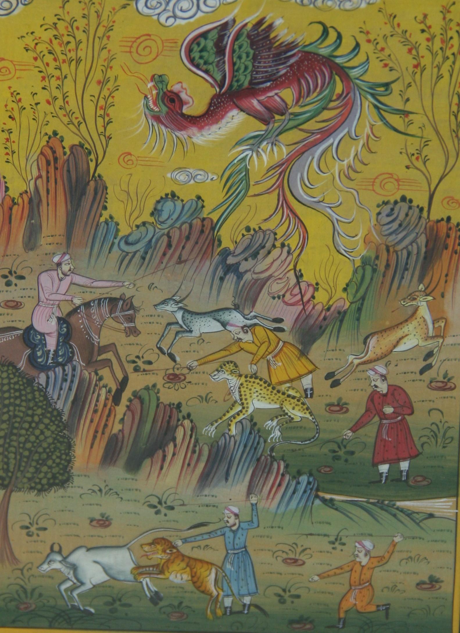 Ancienne scène de chasse indienne miniature à la gouache - Paysage animalier à la chasse 4