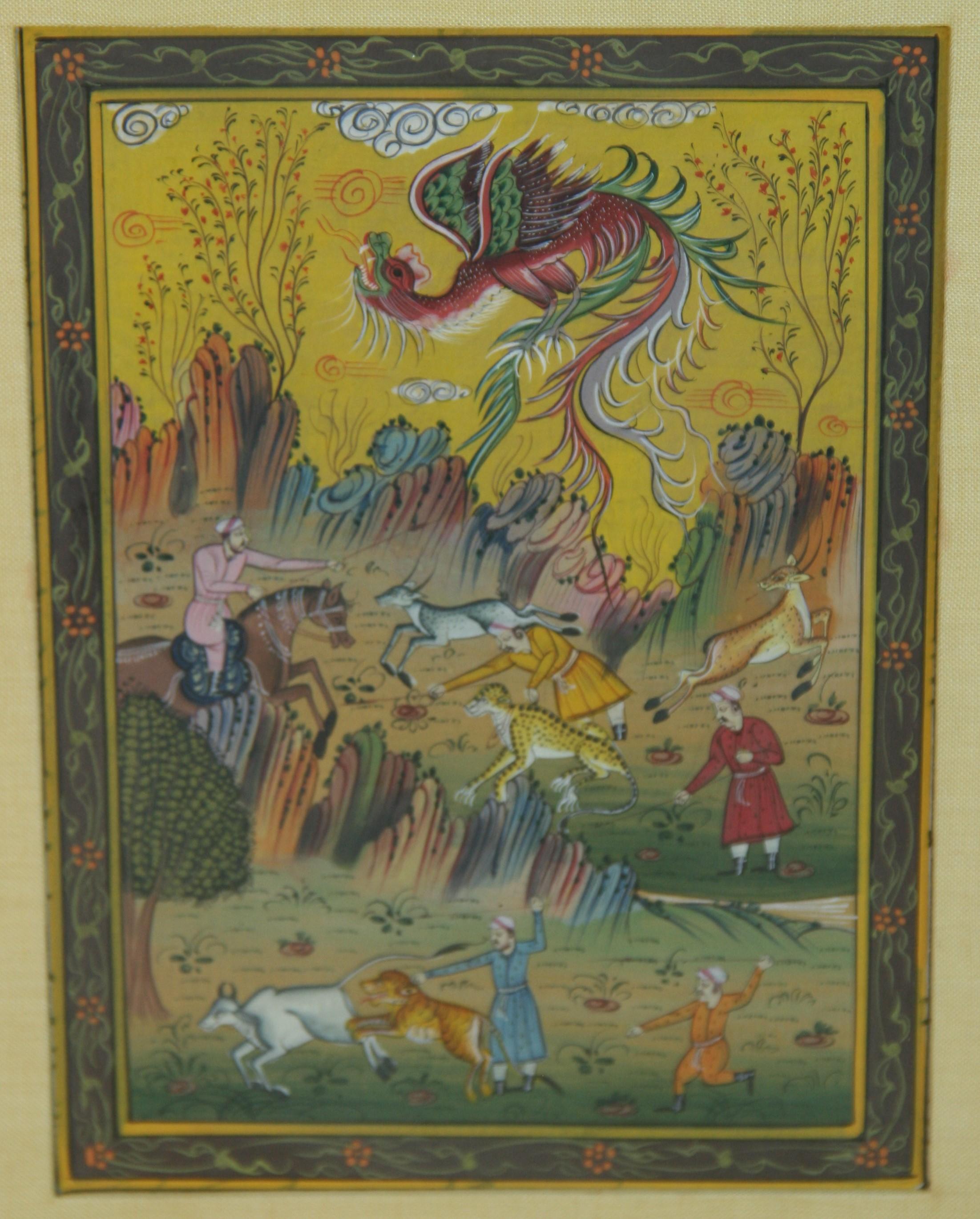 Animal Painting Unknown - Ancienne scène de chasse indienne miniature à la gouache - Paysage animalier à la chasse