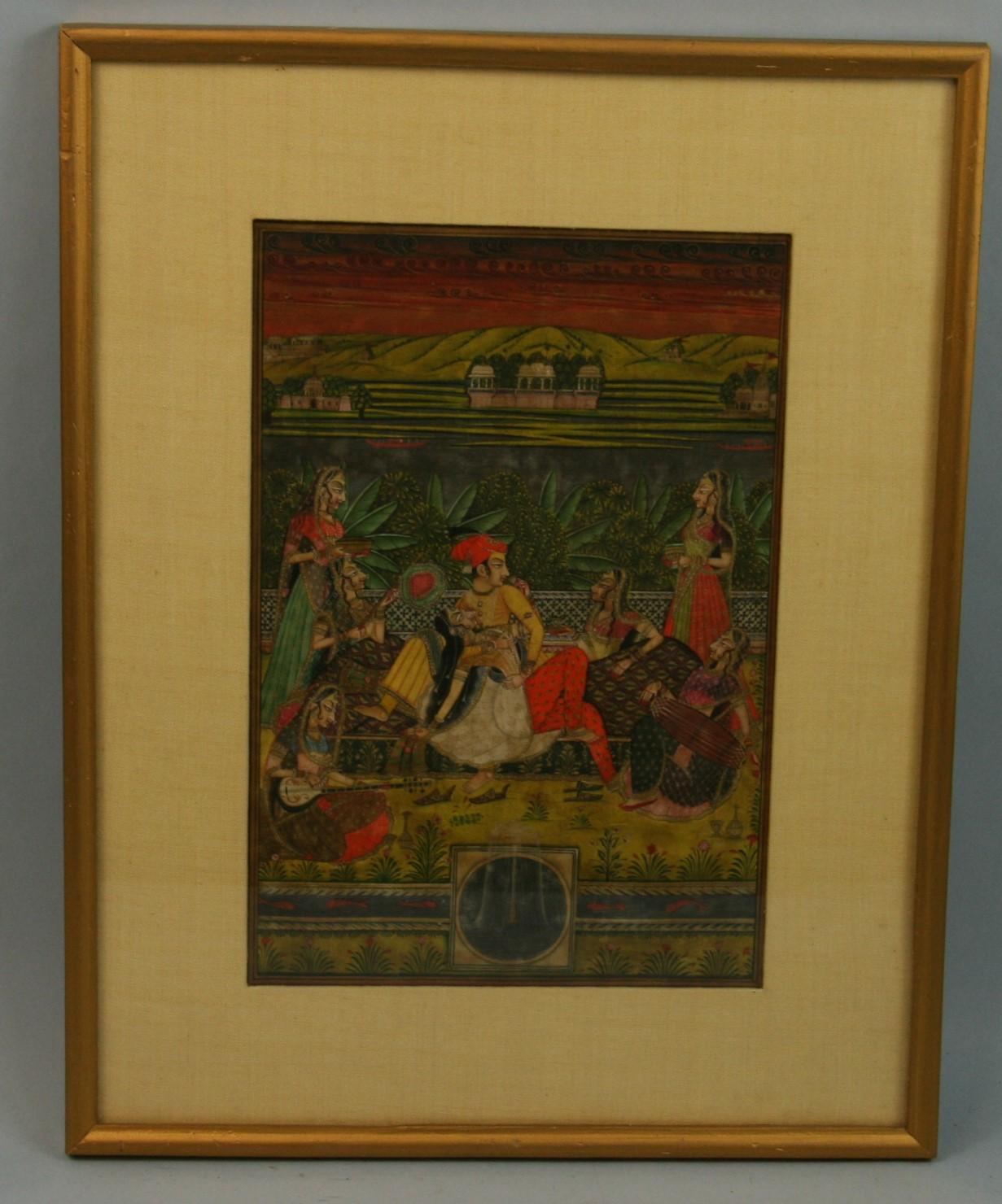 Antique Indian Landscape Figural Gouache - Painting by Unknown