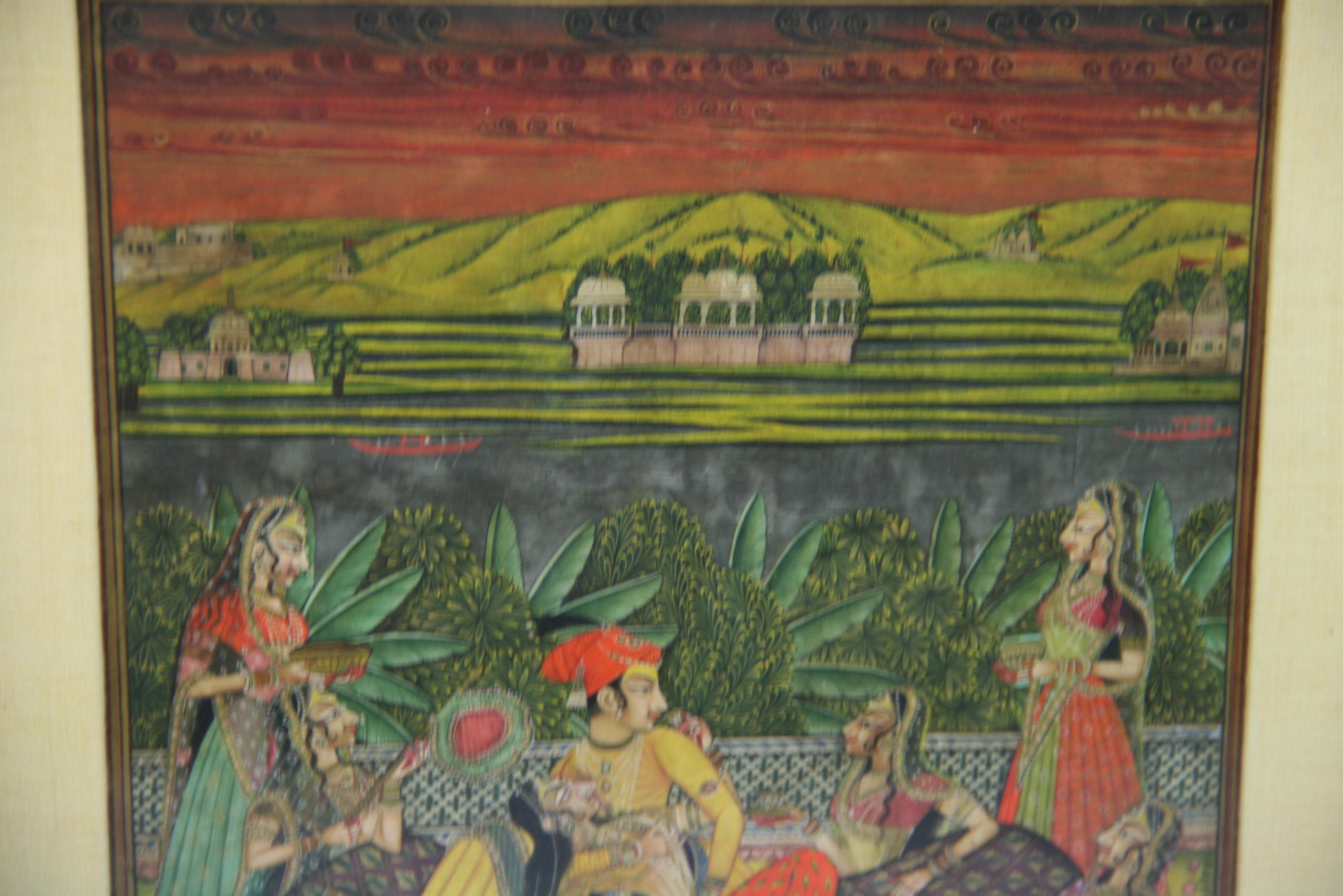 Antique Indian Landscape Figural Gouache For Sale 1