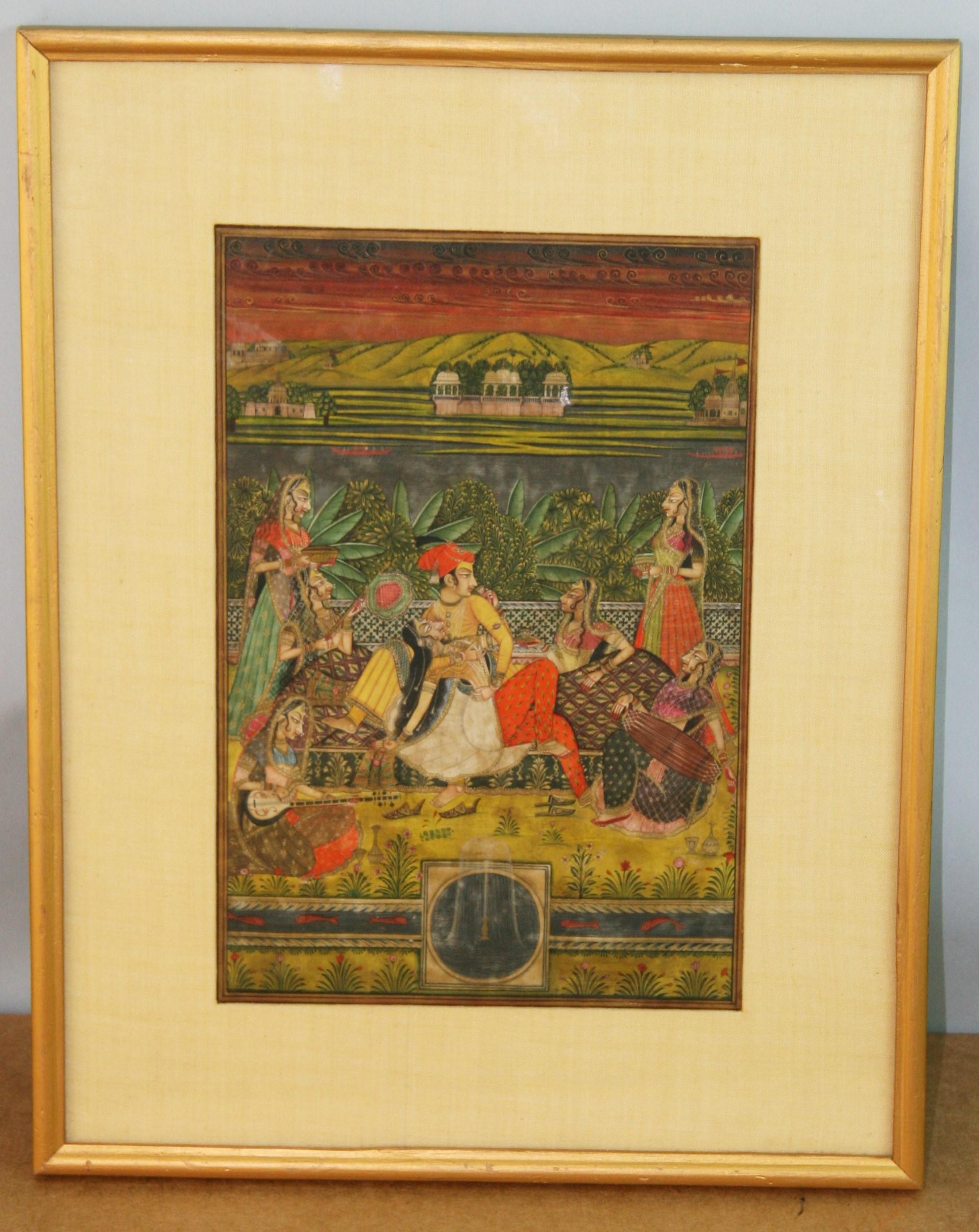Antike indianische Landschaft in Gouache, figürlicher Stil (Braun), Landscape Painting, von Unknown