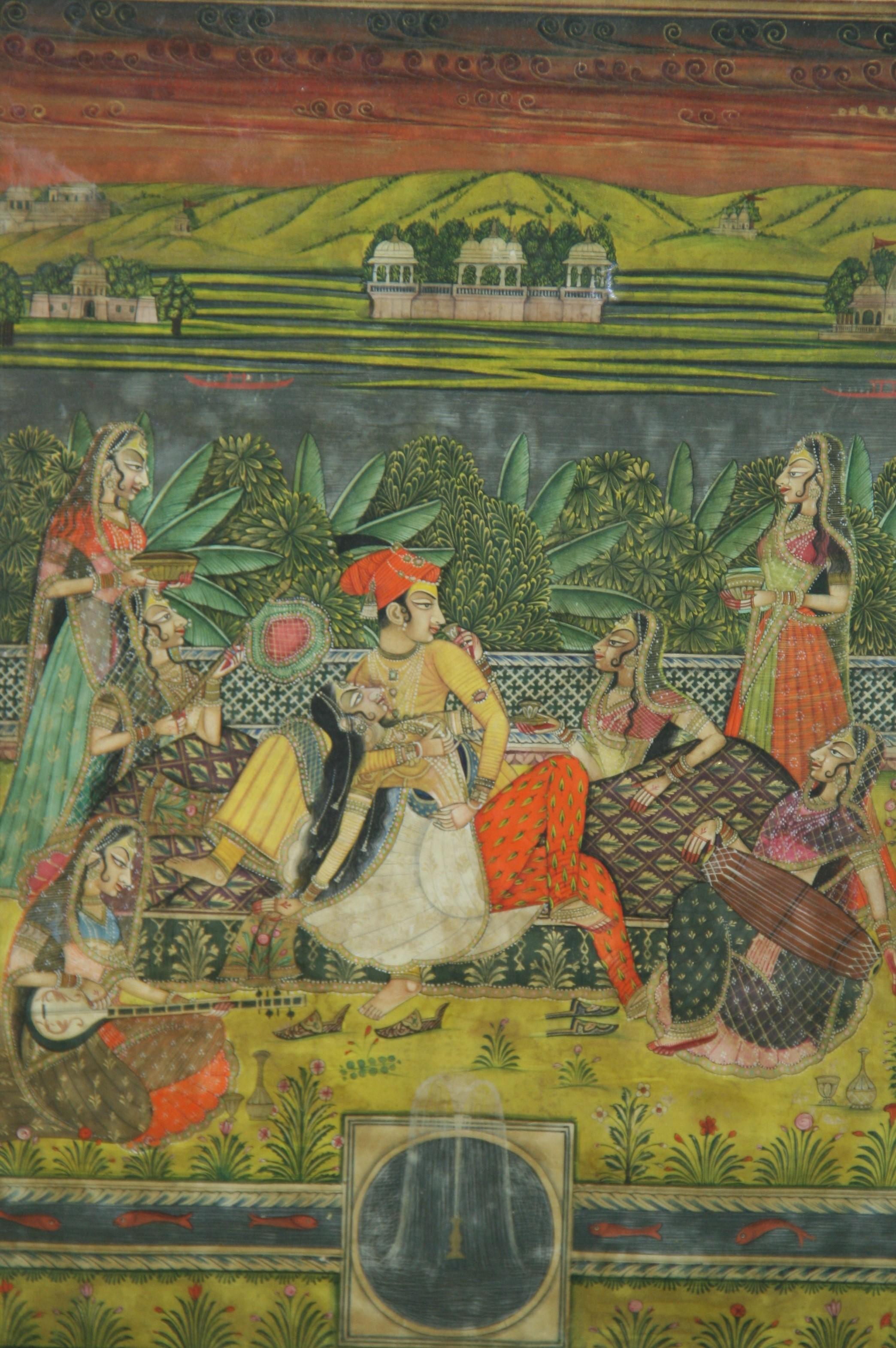Unknown Landscape Painting - Antique Indian Landscape Figural Gouache