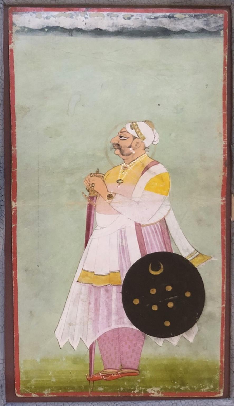 Antique Indian Mughal portrait of a Prince, late 18th cent. , by repute possibly depicting Maharaja  Vijay Singh of Marwar  (1729 - 1793)
Rajasthan,   circa 1800’s 

The Maharaja is presented with a halo, facing left,  wearing a sheer kurta over