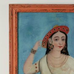 Antique Indian Reverse Painted Portrait of Woman on Glass