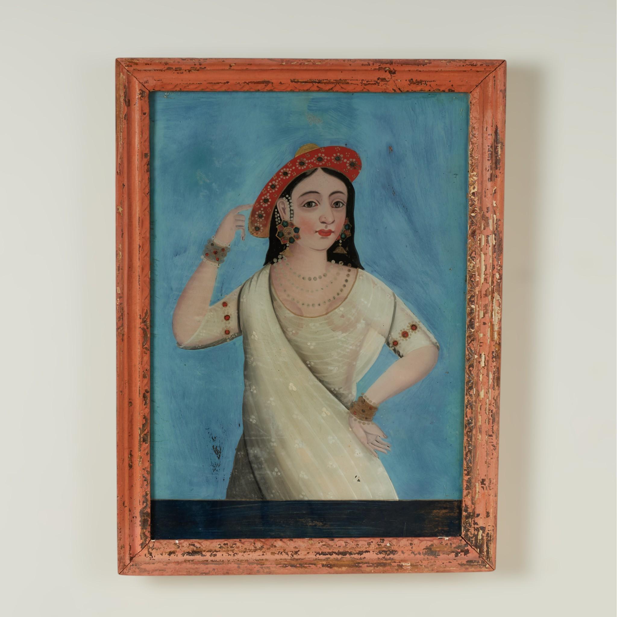 Unknown Figurative Painting - Antique Indian Reverse Painted Portrait of Woman on Glass