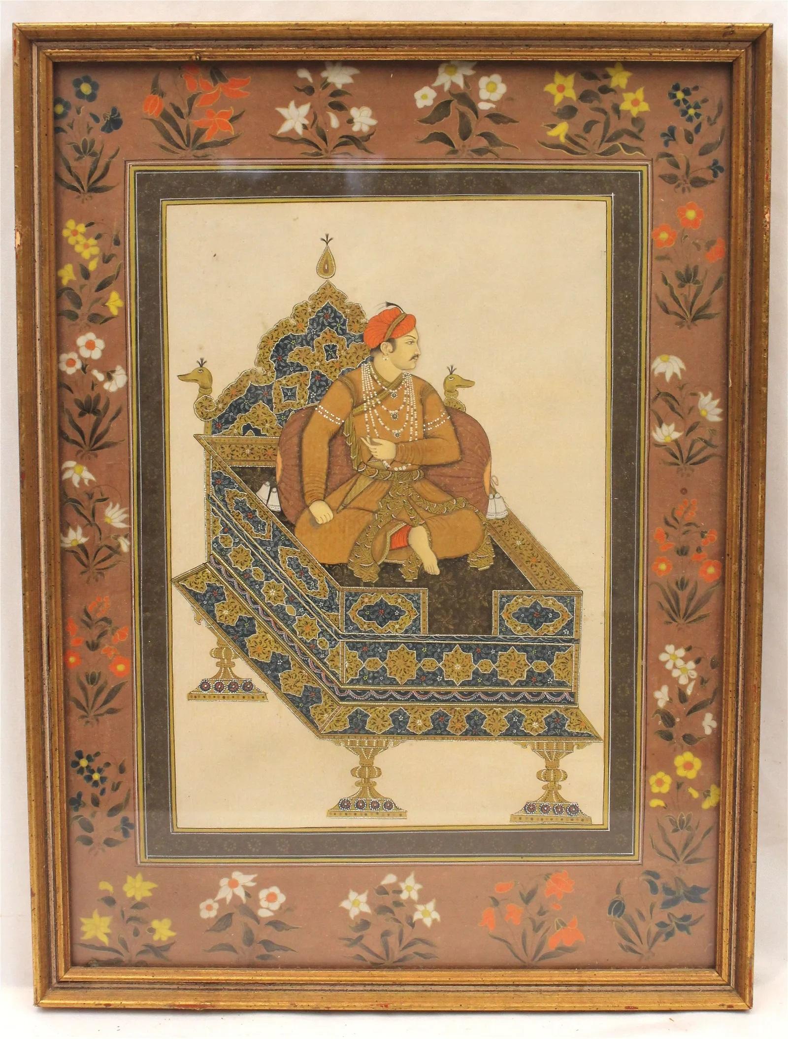 A miniature Indo Persian Mughal Gouache painting on antique manuscript  depicting Prince Salim enthroned, the future Jahangir, 
fourth Mughal emperor.
the figure is presented, seated on a finely detailed and elaborate throne , within a frame of