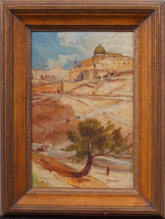Antique Israeli Signed Landscape View of Jerusalem Framed Original Oil Painting
