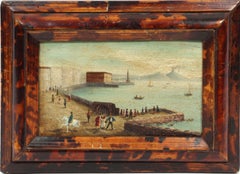Ancienne peinture à l'huile italienne de la baie de Naples, paysage du Vésuve et cheval napolitaine