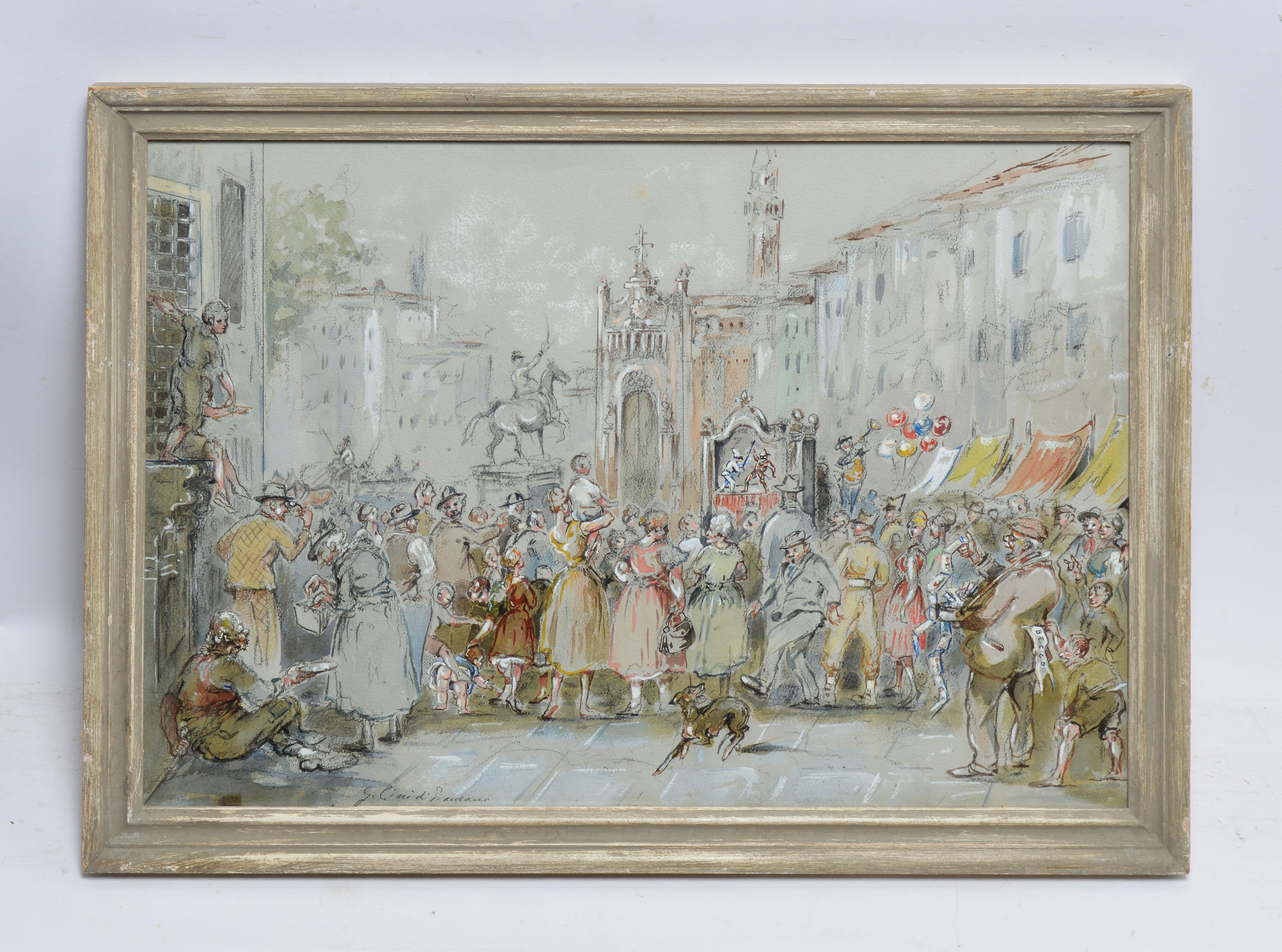 Antique Italian Bustling Street Party - Painting by Unknown