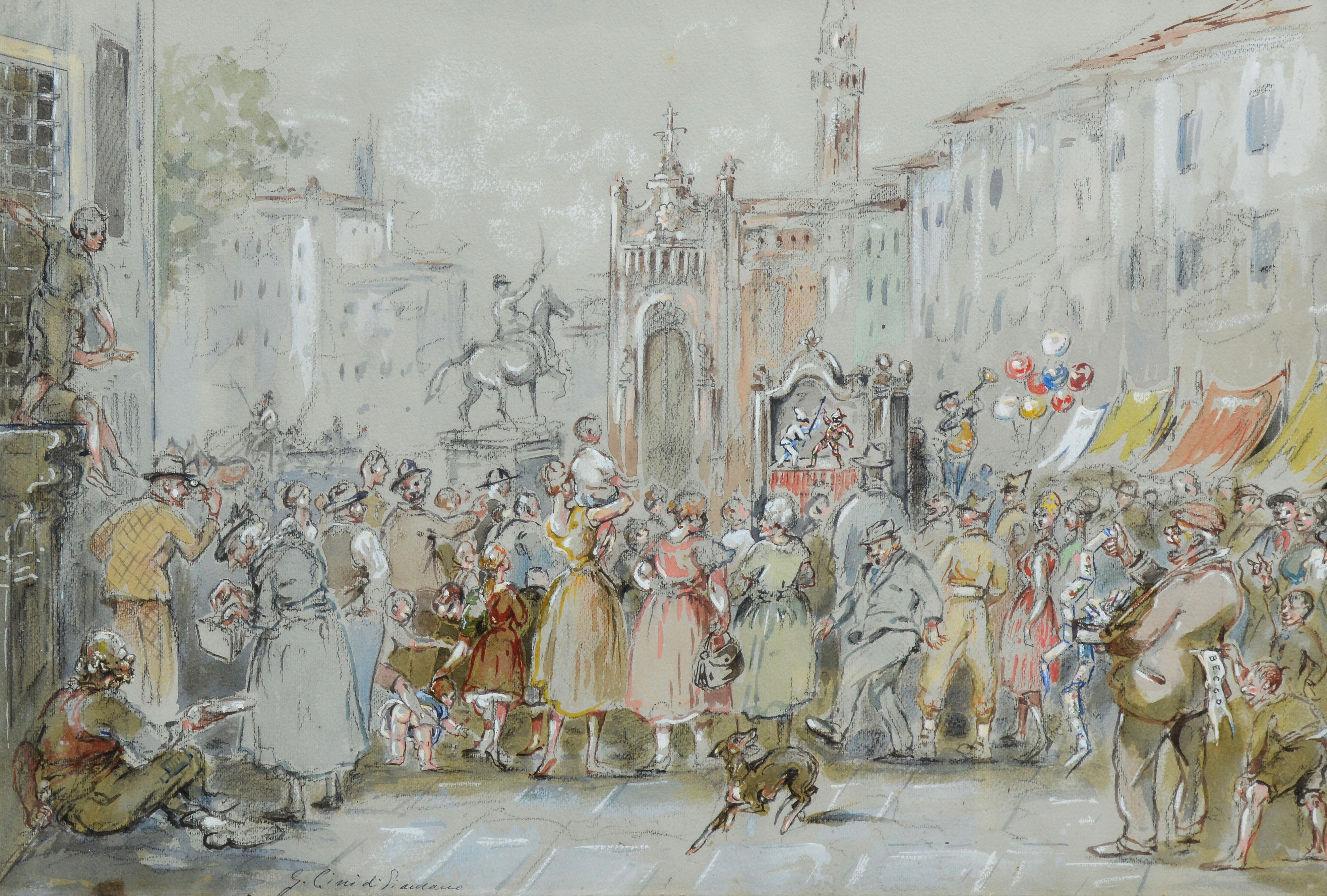 Antique Italian Bustling Street Party - Impressionist Painting by Unknown