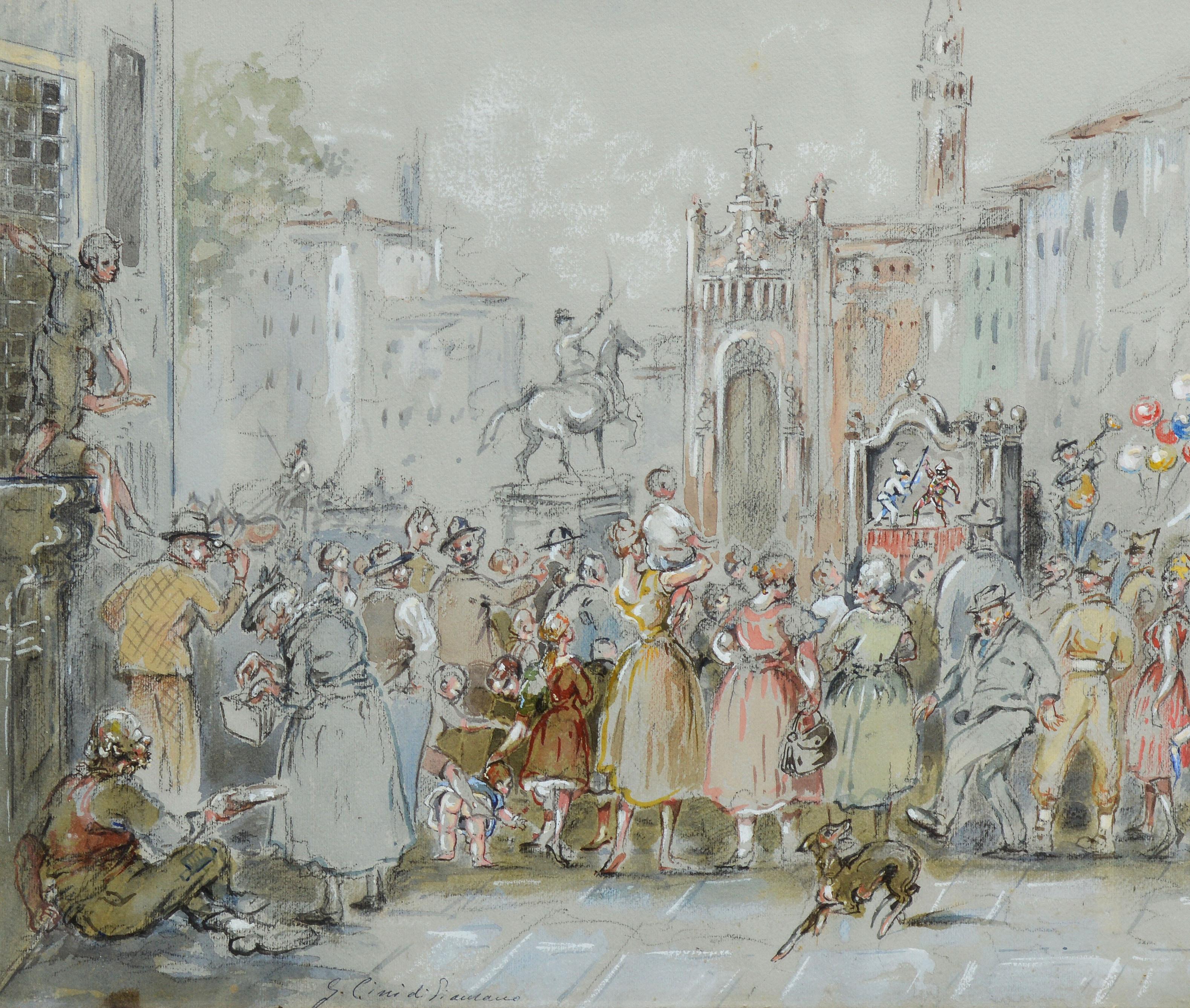 Antique Italian Bustling Street Party - Gray Figurative Painting by Unknown