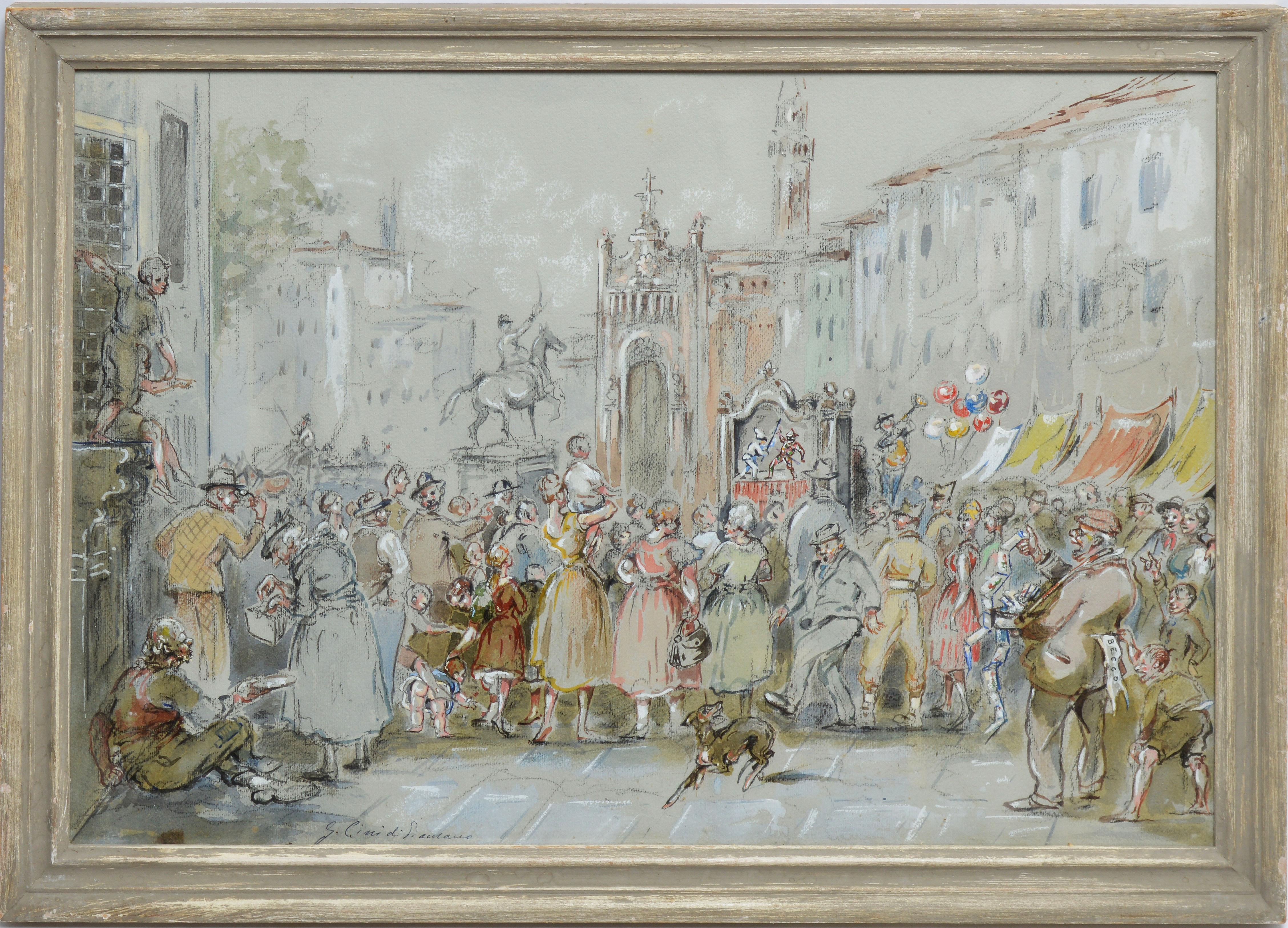 Unknown Figurative Painting - Antique Italian Bustling Street Party