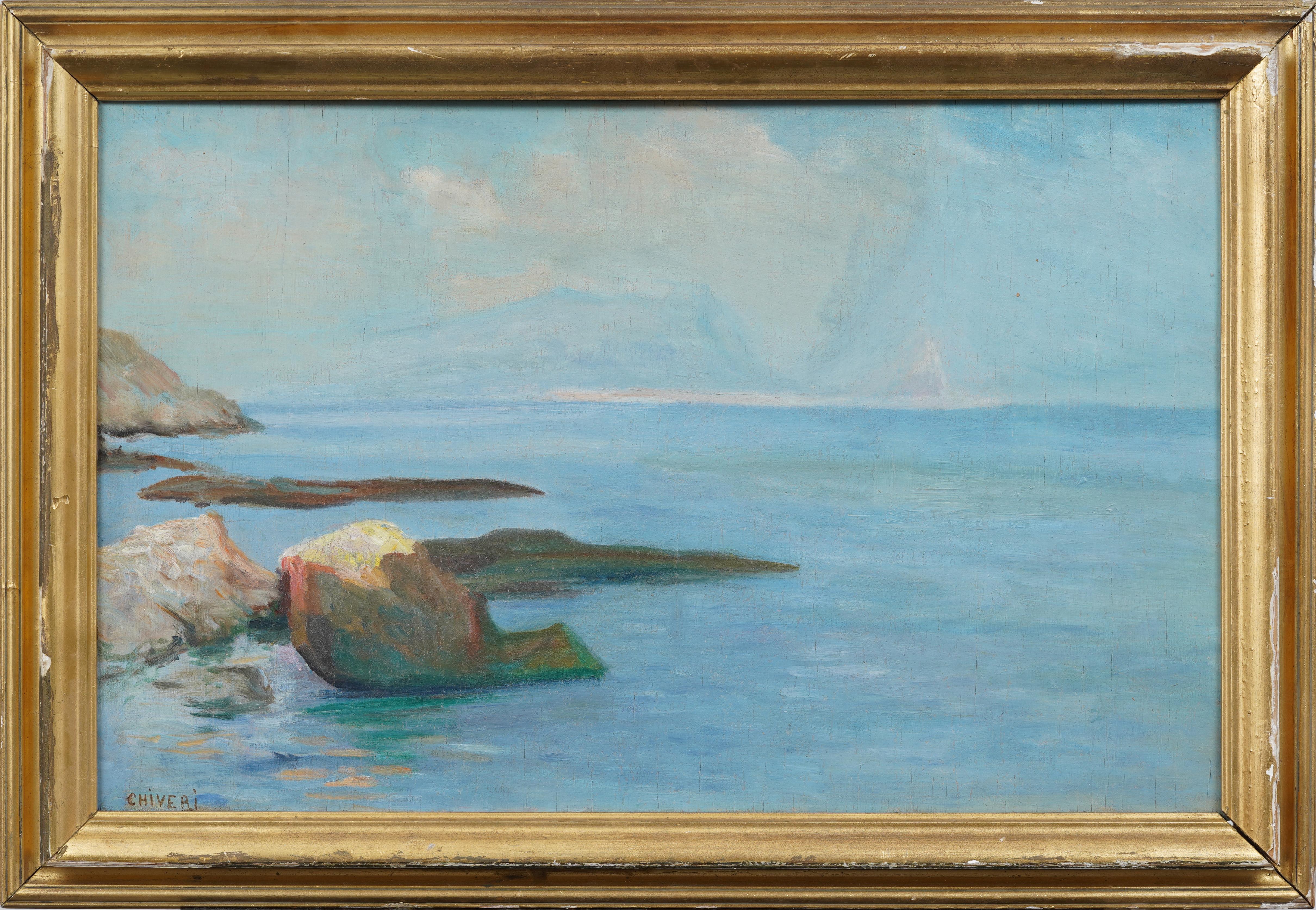 Antique Italian Coastal Mediterranean Seascape Framed Summer Panoramic Painting - Gray Landscape Painting by Unknown