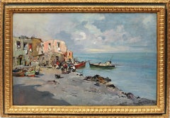 Antique Italian Coastal Sunset Fishing Village Signed Impressionist Oil Painting