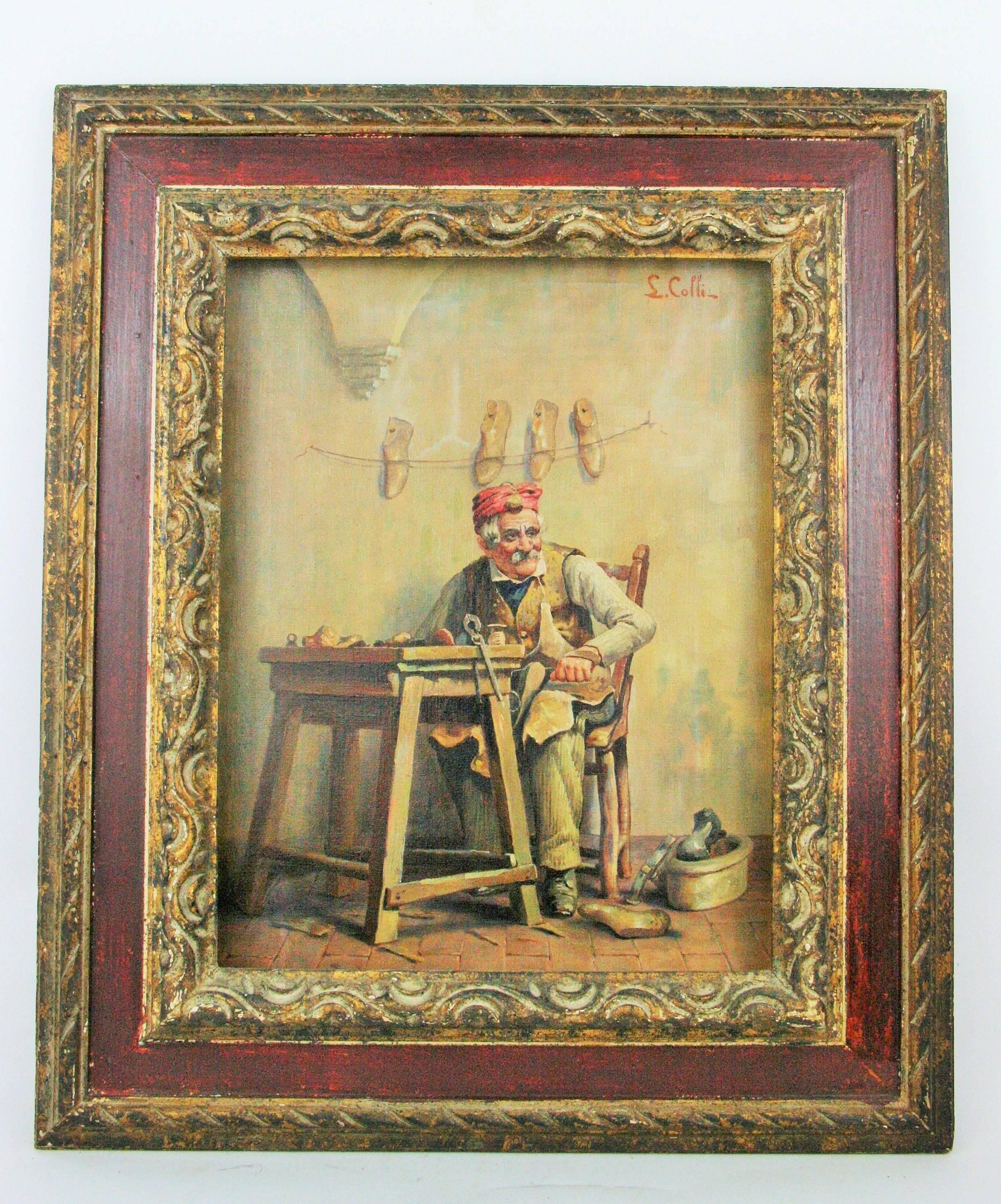  Antique  Italian Cobbler Figurative Oil Painting  by L. Colli 1920