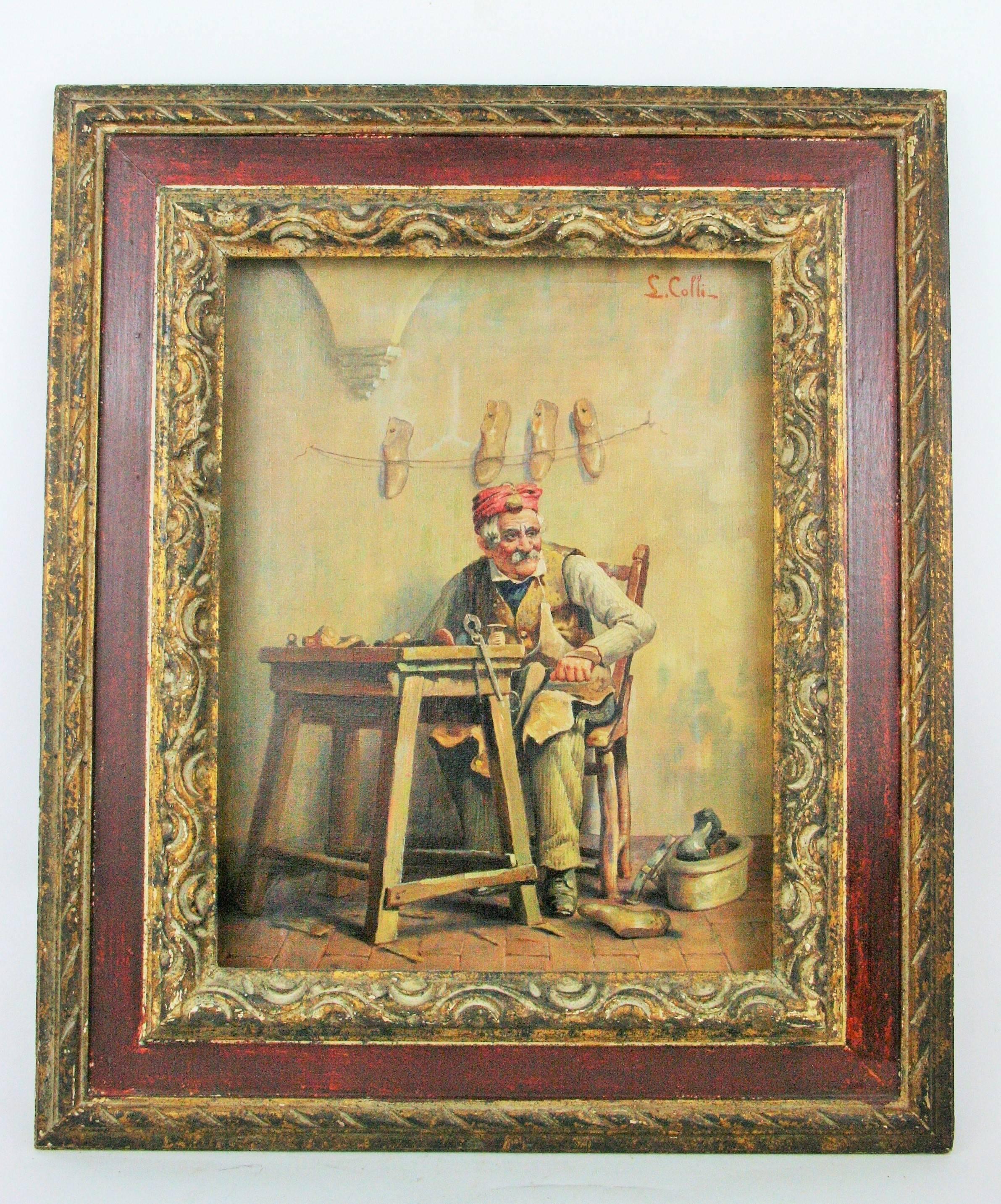 Unknown Figurative Painting - Antique  Italian Cobbler Figurative Oil Painting  by L. Colli 1920