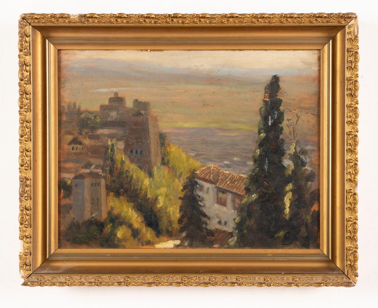 Antique Italian Countryside Tuscan Landscape Framed Original Oil Painting - Brown Landscape Painting by Unknown