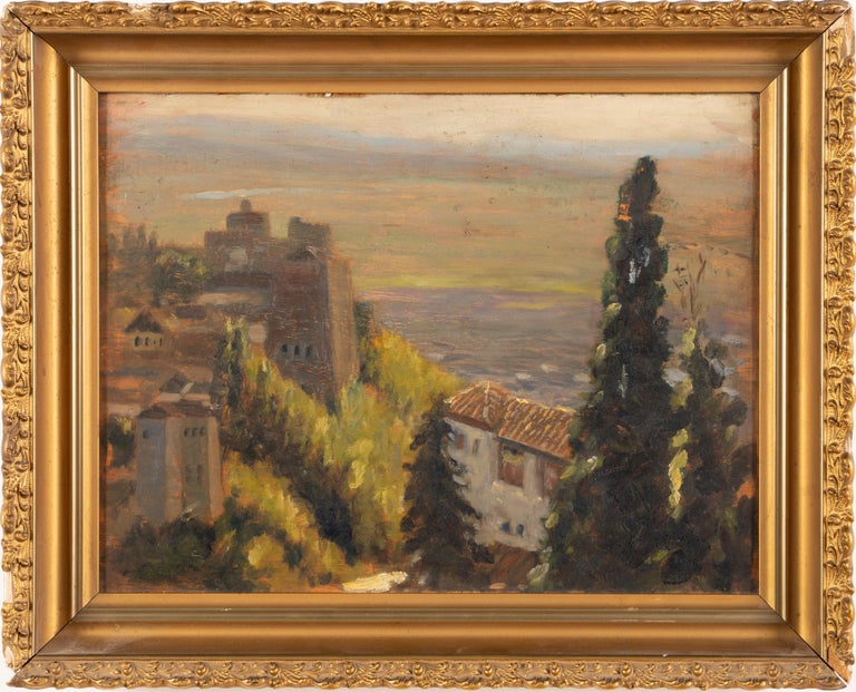 Antique Italian landscape painting.  Oil on board, circa 1890.  Unsigned.  Image size, 14L x10.5H.  Housed in a period giltwood frame.
