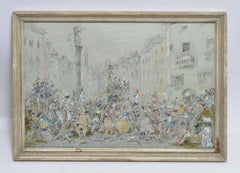 Antique Italian Gouache, Venetian Masquerade Street View
