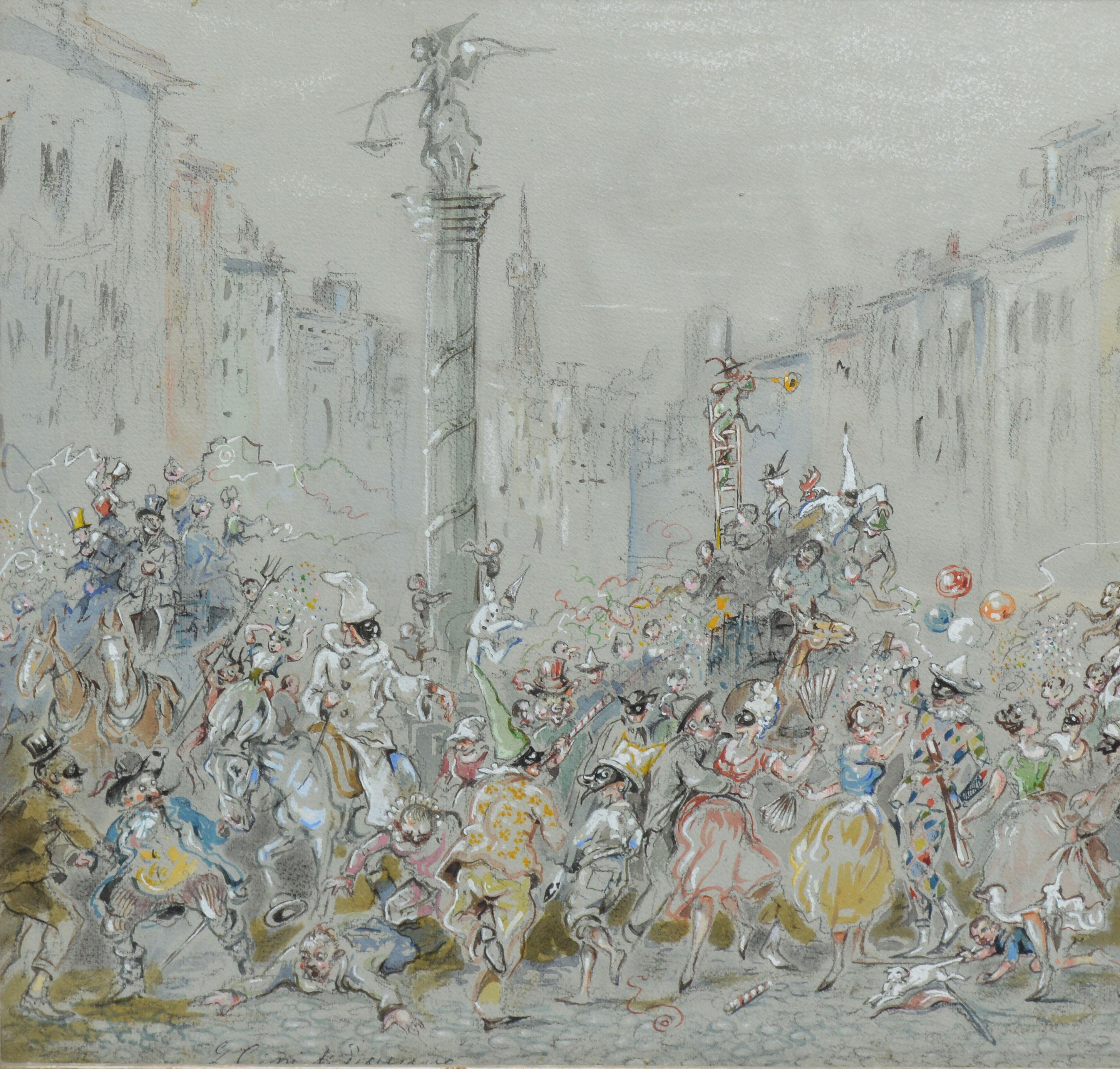 Antique Italian Gouache, Venetian Masquerade Street View - Impressionist Painting by Unknown