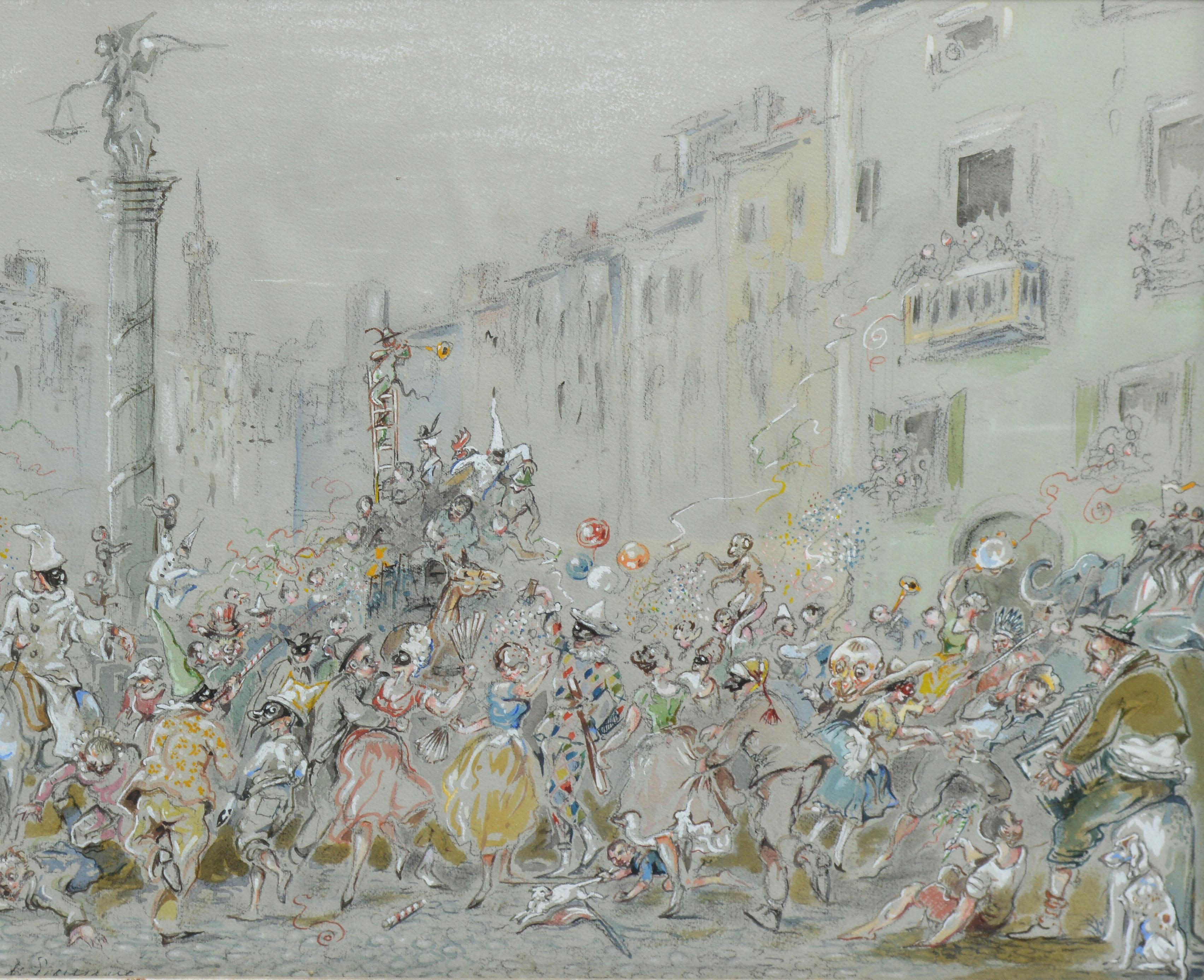 Antique Italian Gouache, Venetian Masquerade Street View - Gray Landscape Painting by Unknown