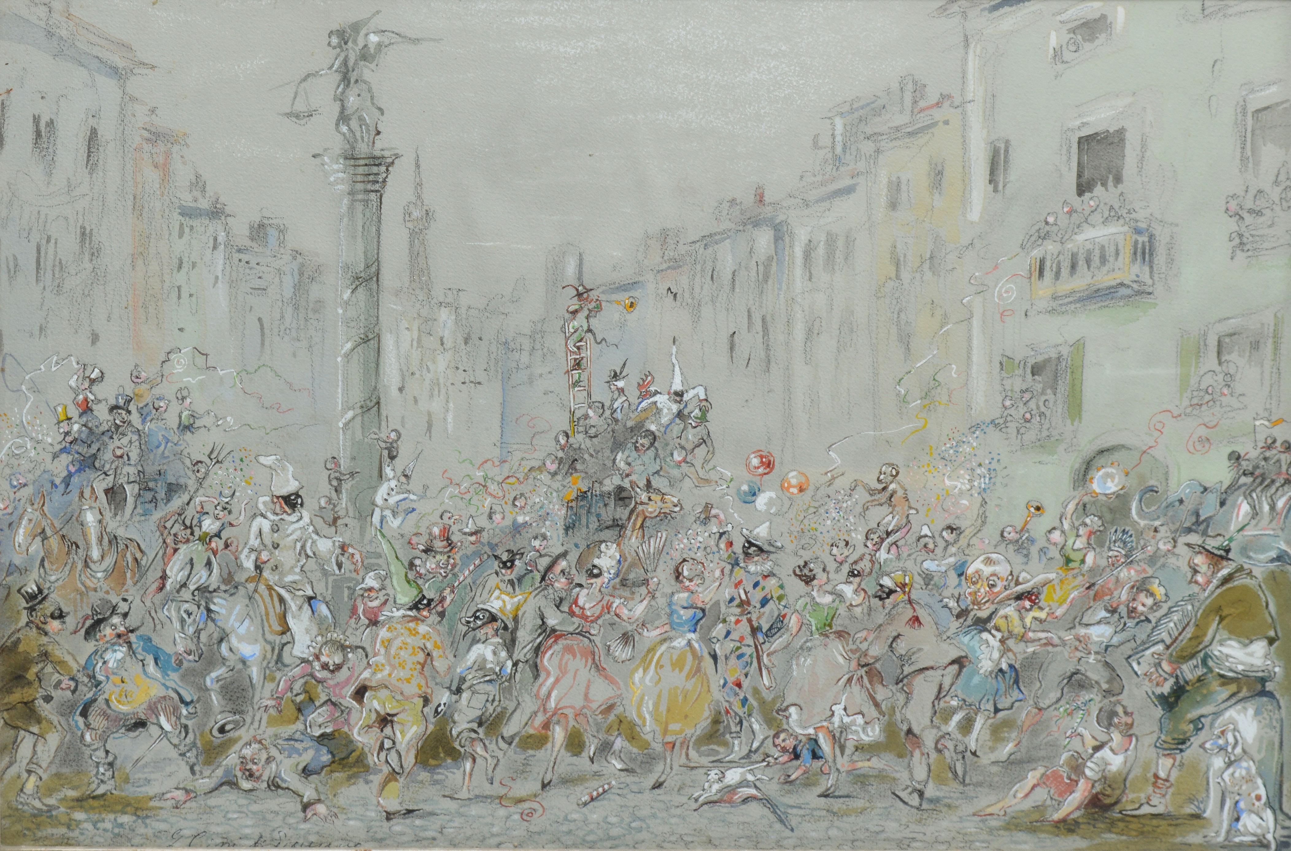 Italian gouache of a bustling street party.  Gouache on paper, circa 1920.  Unsigned.  Displayed in a grey wood frame.  Image size, 19.5